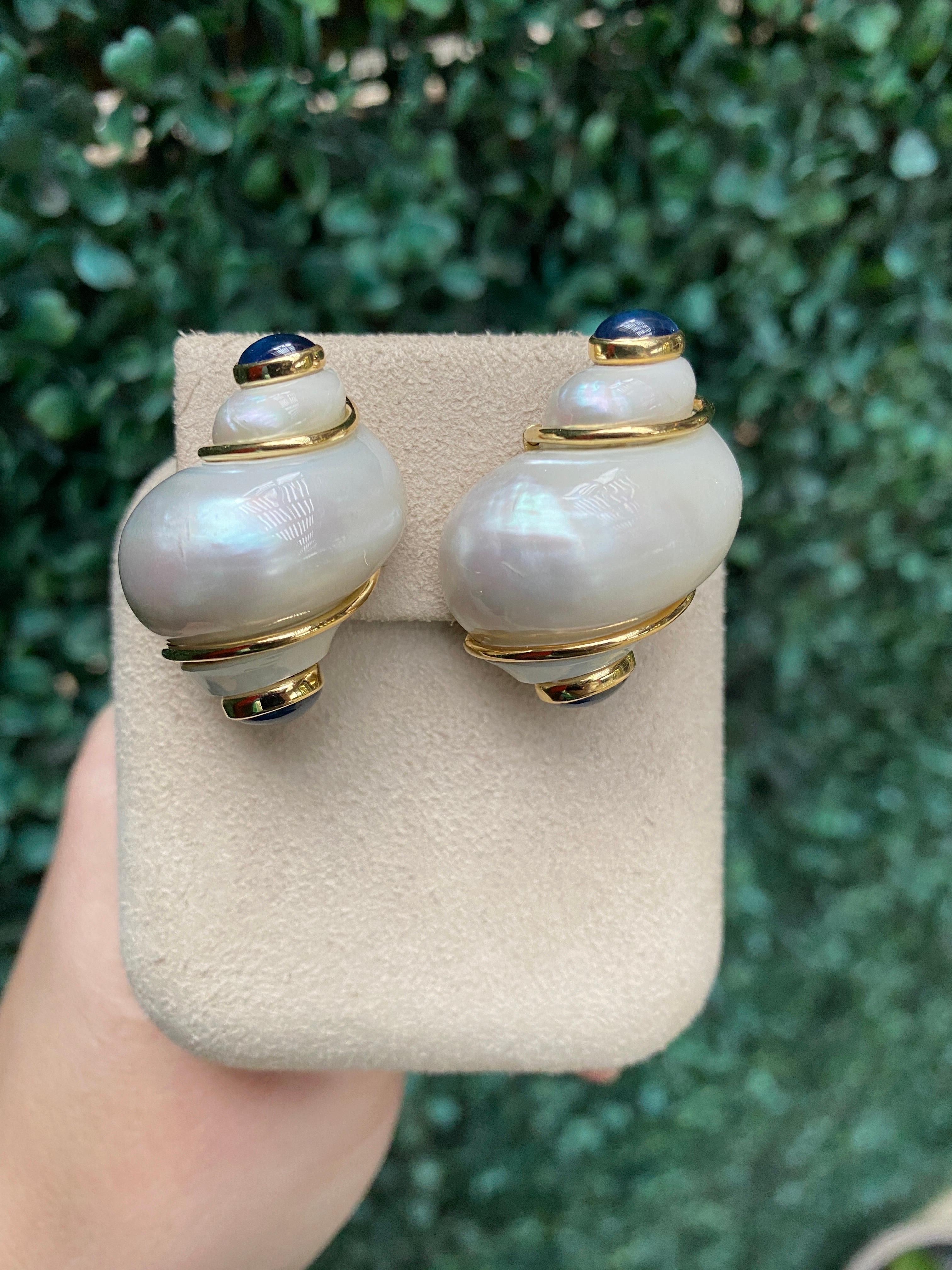 Seaman Schepps Turbo Shell and Sapphire Gold Earrings For Sale 8