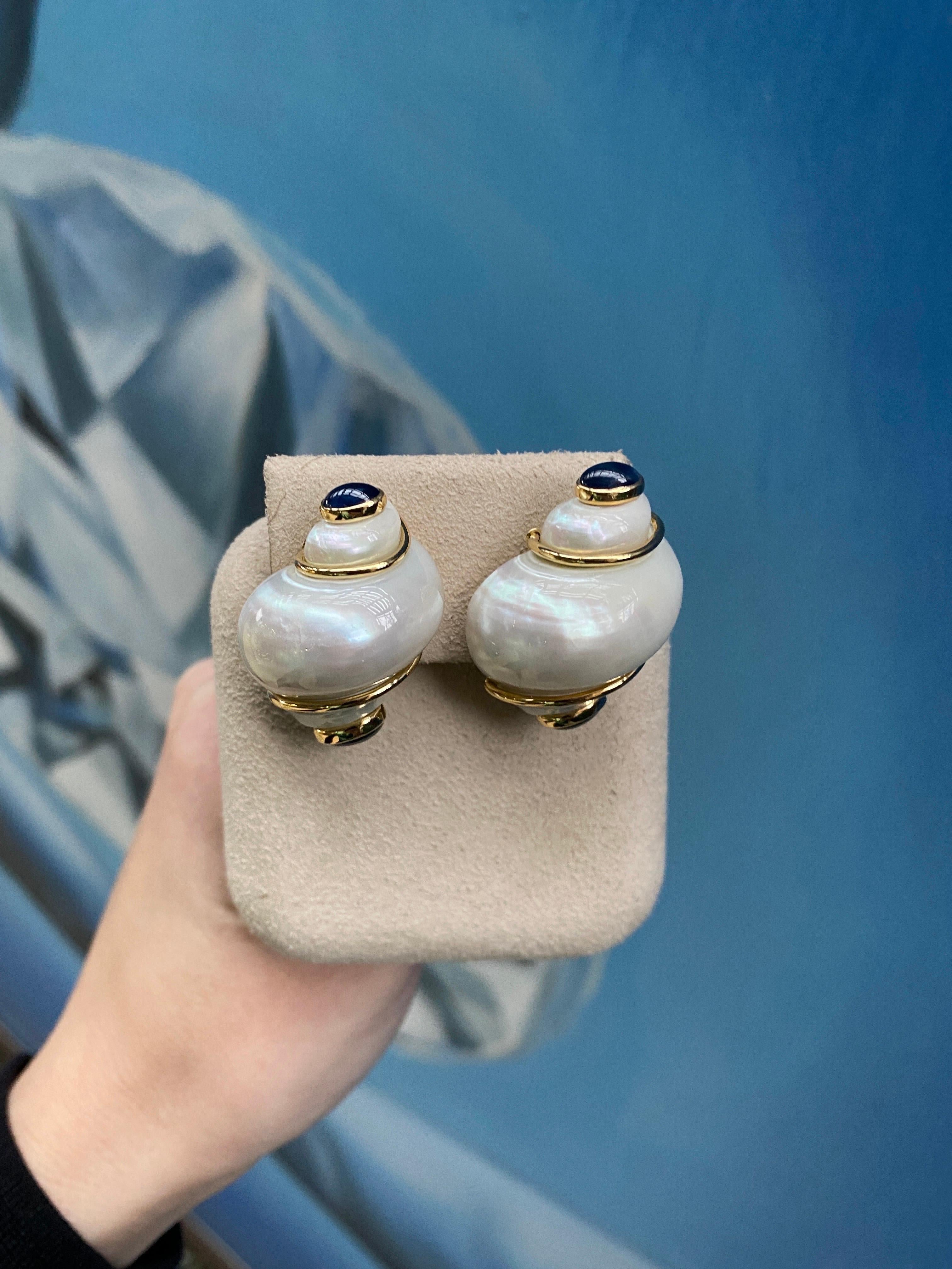 Women's or Men's Seaman Schepps Turbo Shell and Sapphire Gold Earrings For Sale