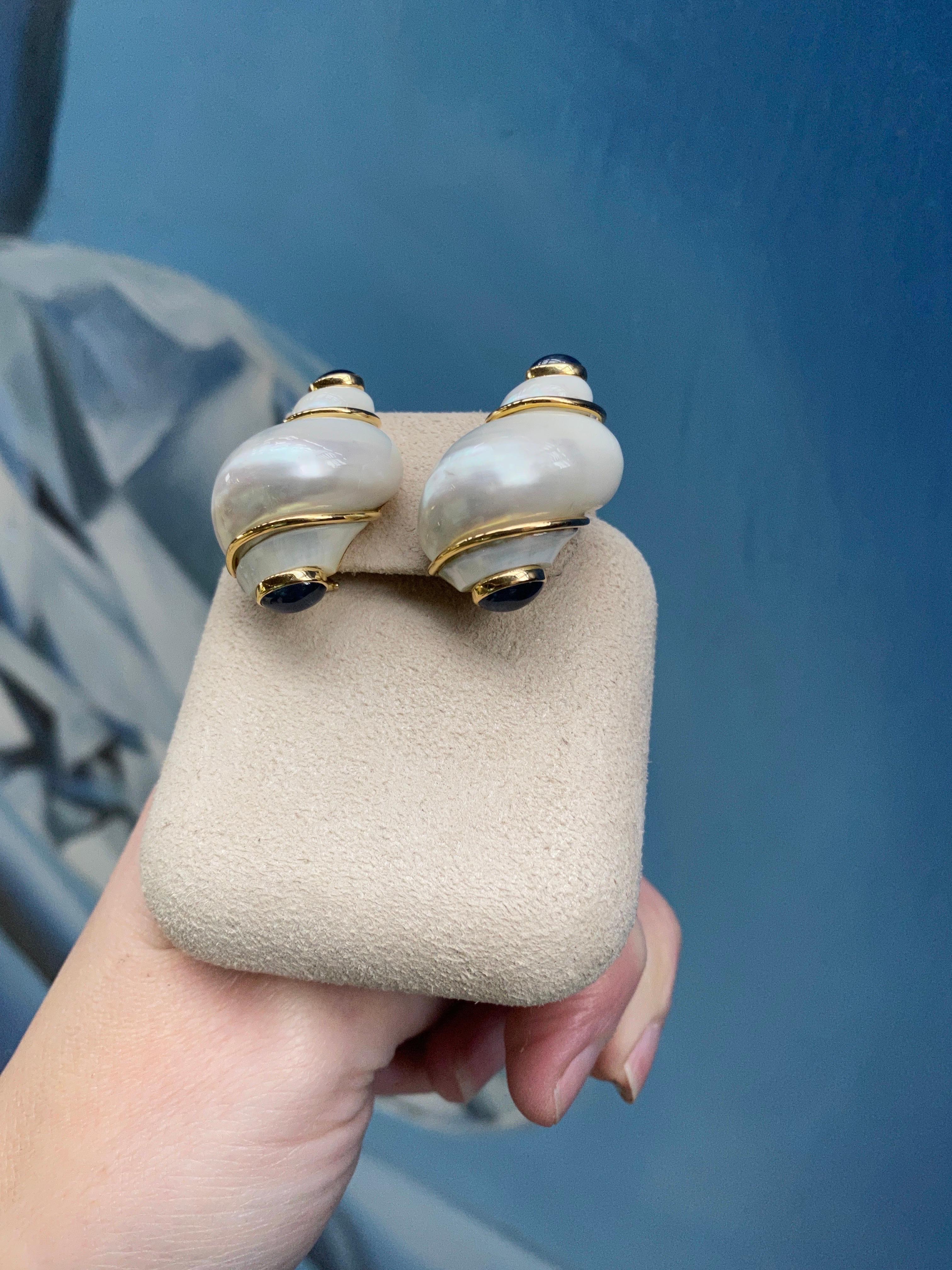 Seaman Schepps Turbo Shell and Sapphire Gold Earrings For Sale 1