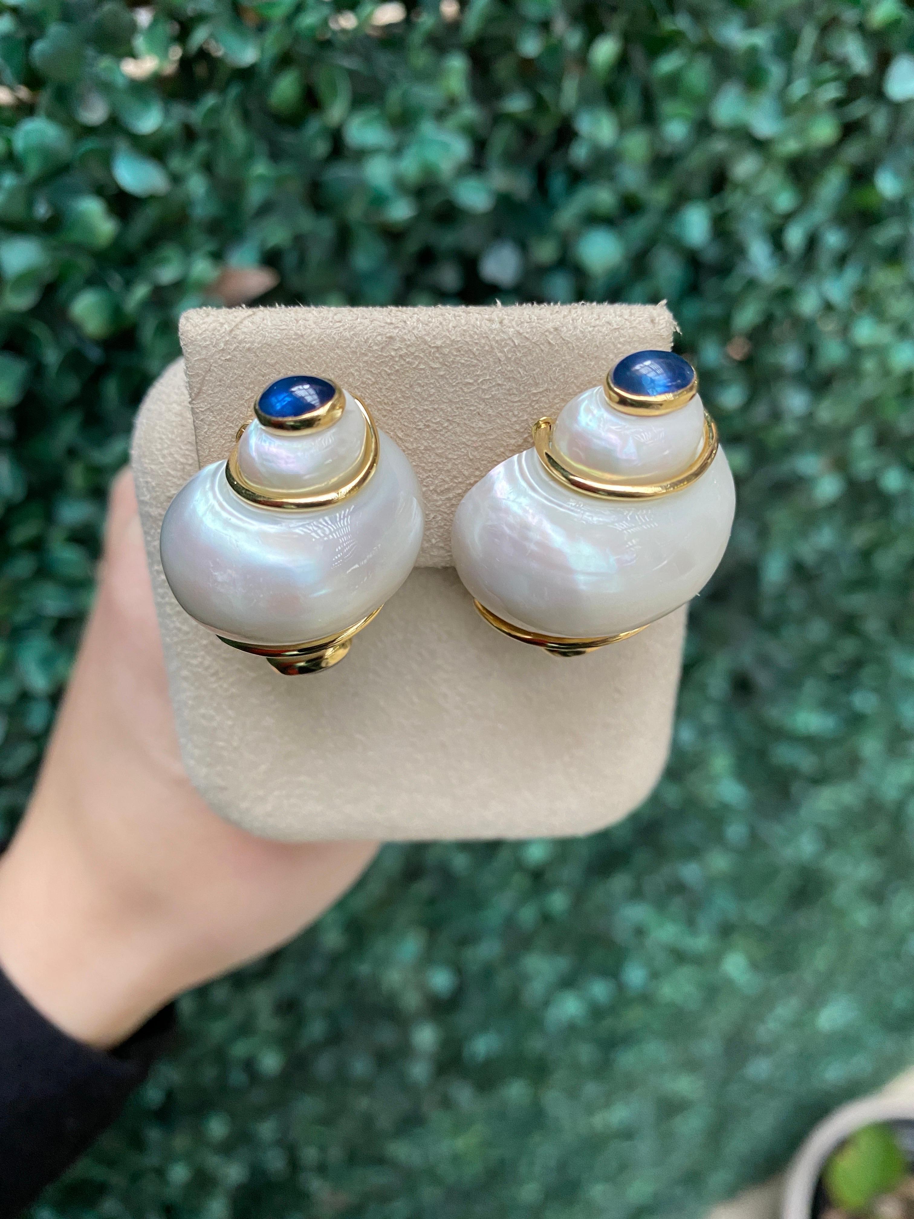 Seaman Schepps Turbo Shell and Sapphire Gold Earrings For Sale 2