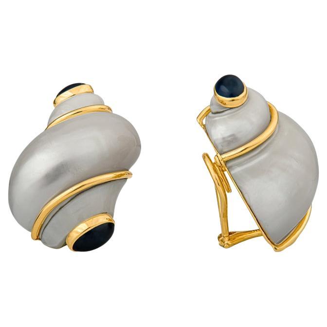 Seaman Schepps Turbo Shell and Sapphire Gold Earrings For Sale