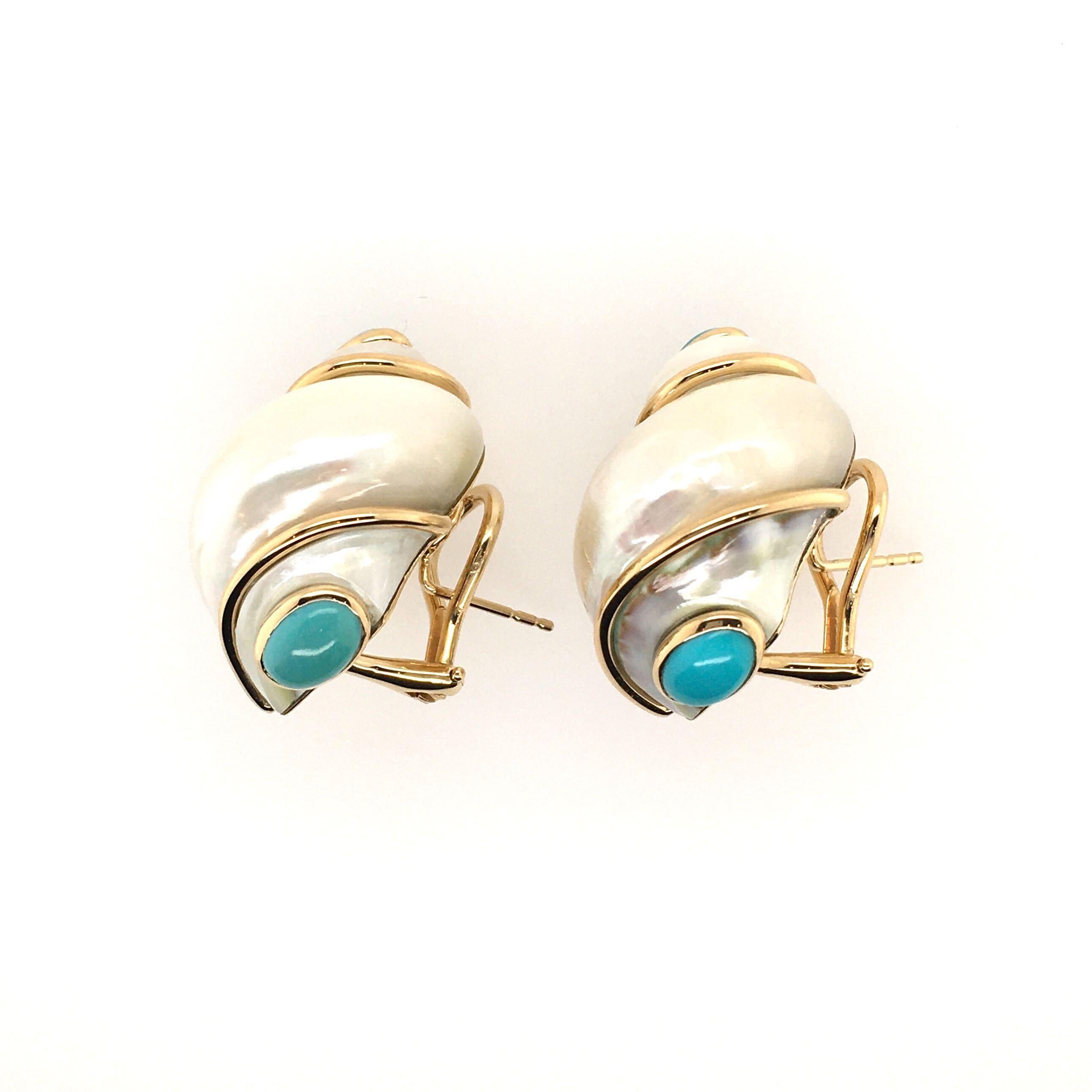 A pair 14 karat yellow gold , turbo shell and turquoise earrings. Seaman Schepps. Each set with a white turbo shell, wrapped in yellow gold wire, enhanced at each end by a cabochon turquoise. Length is approximately 1 inch, gross weight is