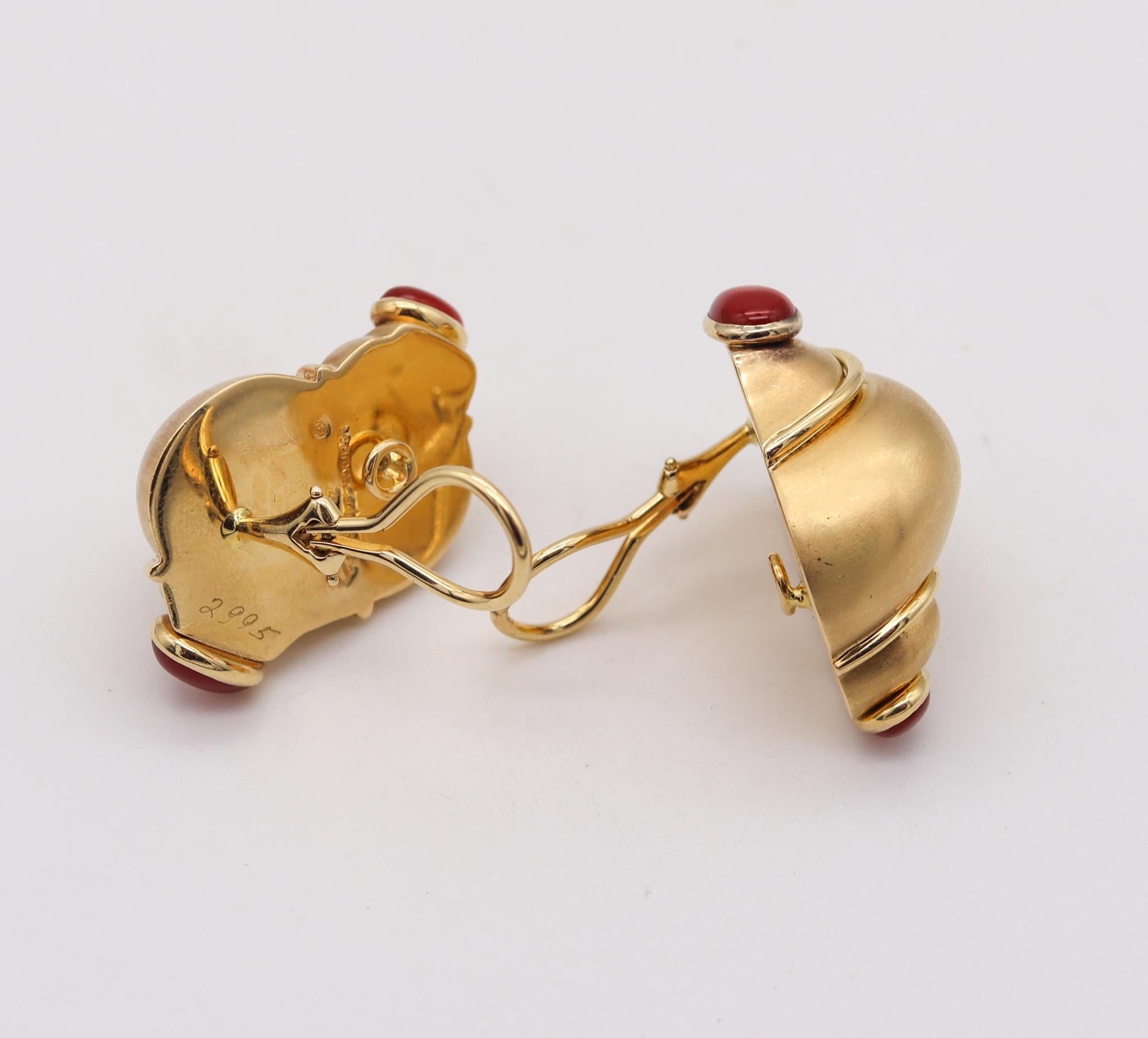 Modernist Seaman Schepps Turbo Shell Earrings in 18Kt Yellow Gold with 6.54 Cts Carnelian For Sale