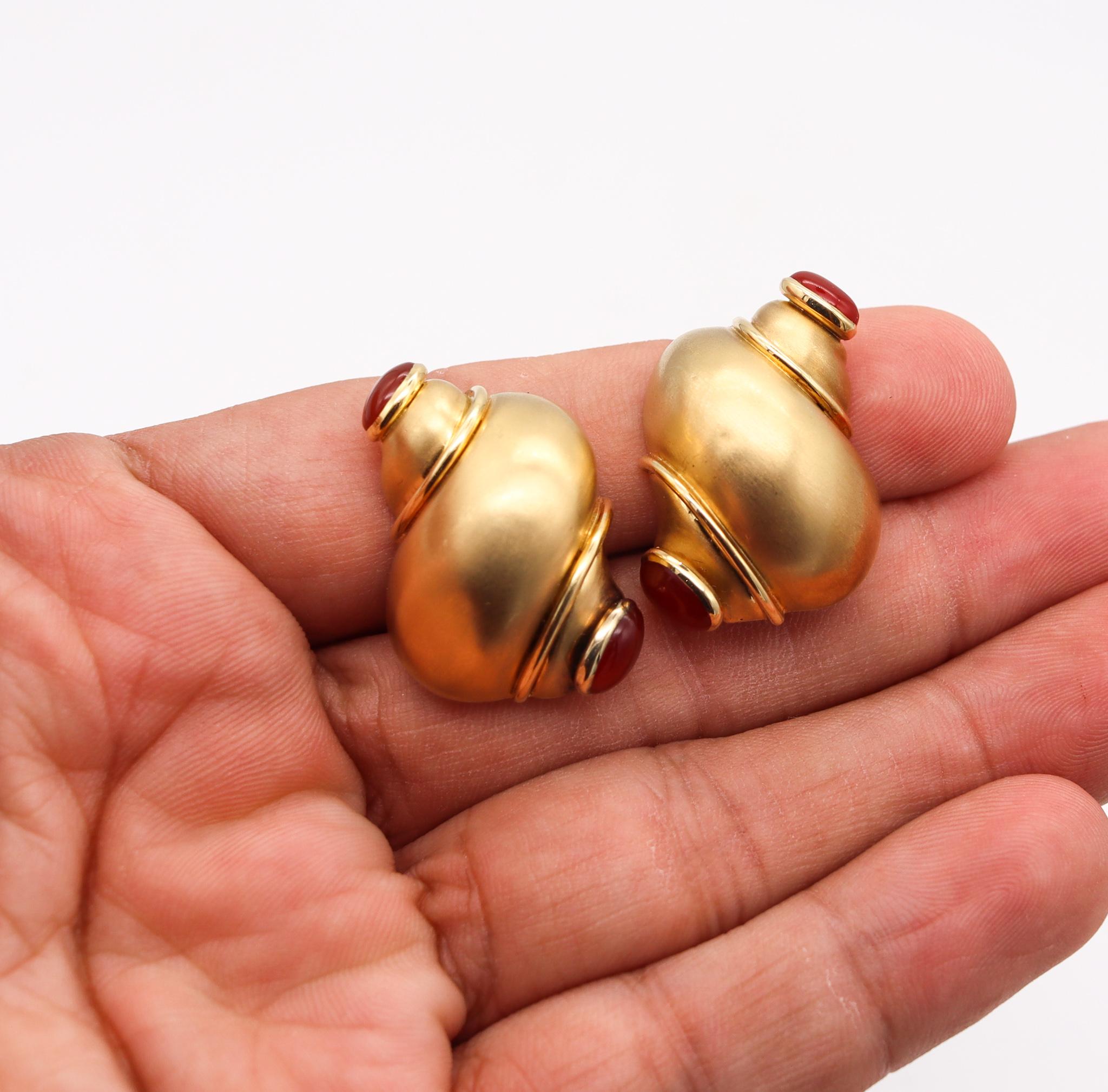 Women's Seaman Schepps Turbo Shell Earrings in 18Kt Yellow Gold with 6.54 Cts Carnelian For Sale