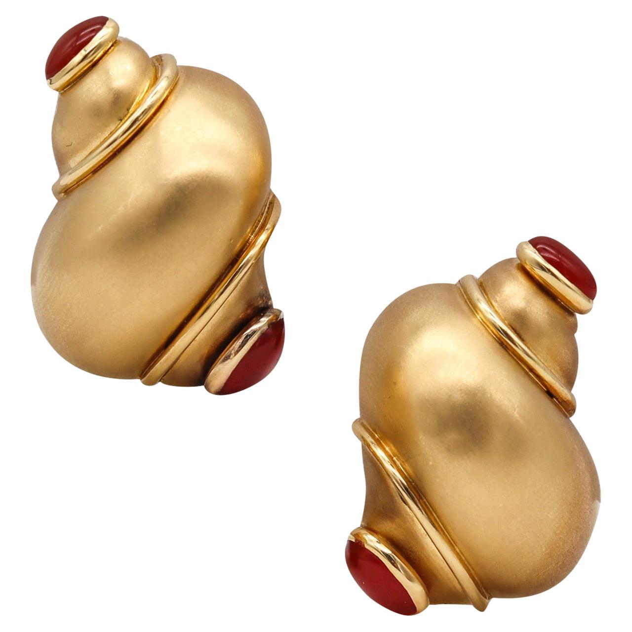 Seaman Schepps Turbo Shell Earrings in 18Kt Yellow Gold with 6.54 Cts Carnelian For Sale