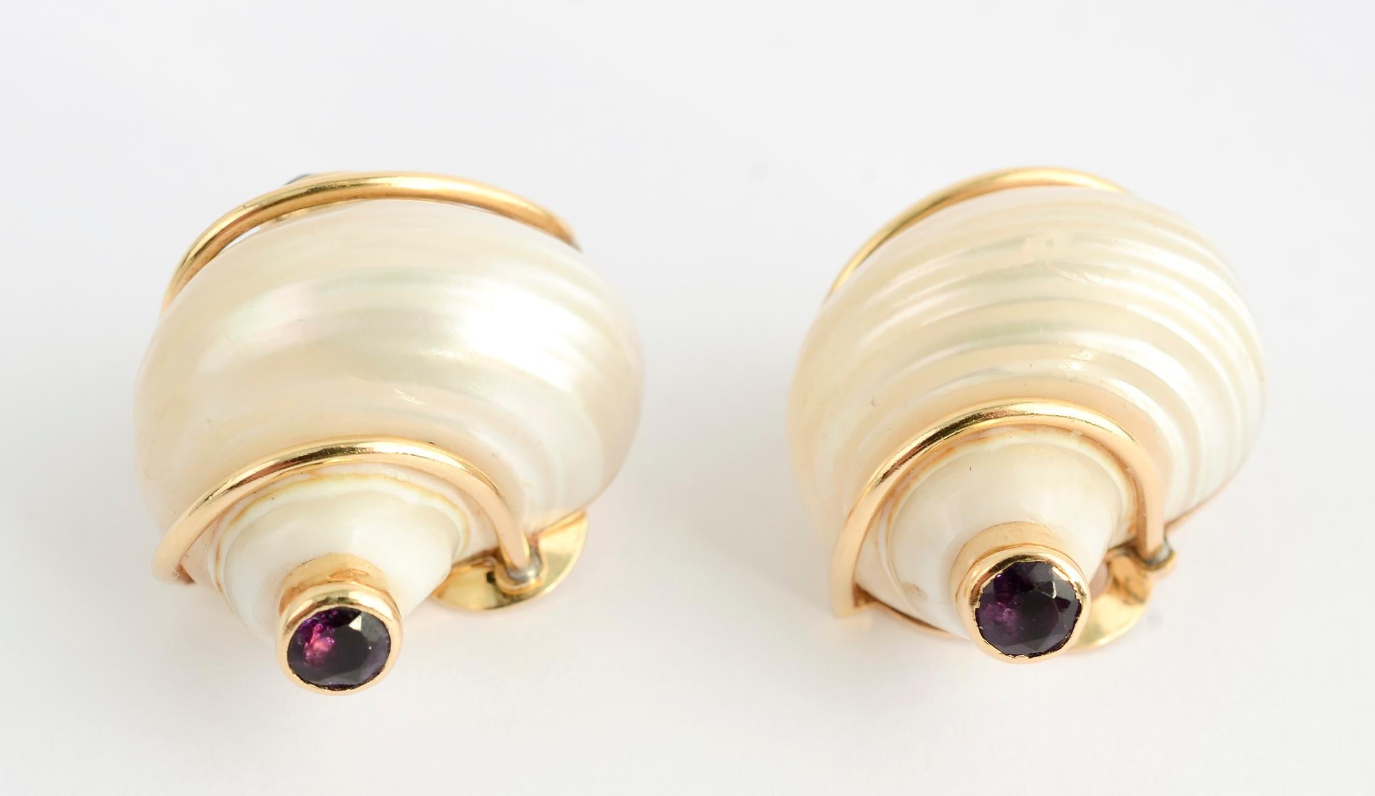 Modern Seaman Schepps Turbo Shell Earrings with Amethyst For Sale