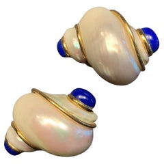 Seaman Schepps Turbo Shell Gold and Lapis Lazuli Earrings  