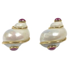 Seaman Schepps Turbo Shell Gold and Ruby Earrings