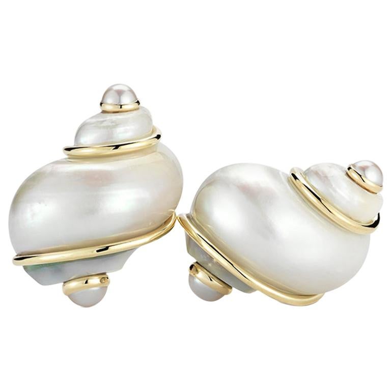 Seaman Schepps Turbo Shell Pearl and 18 Karat Yellow Gold Earrings