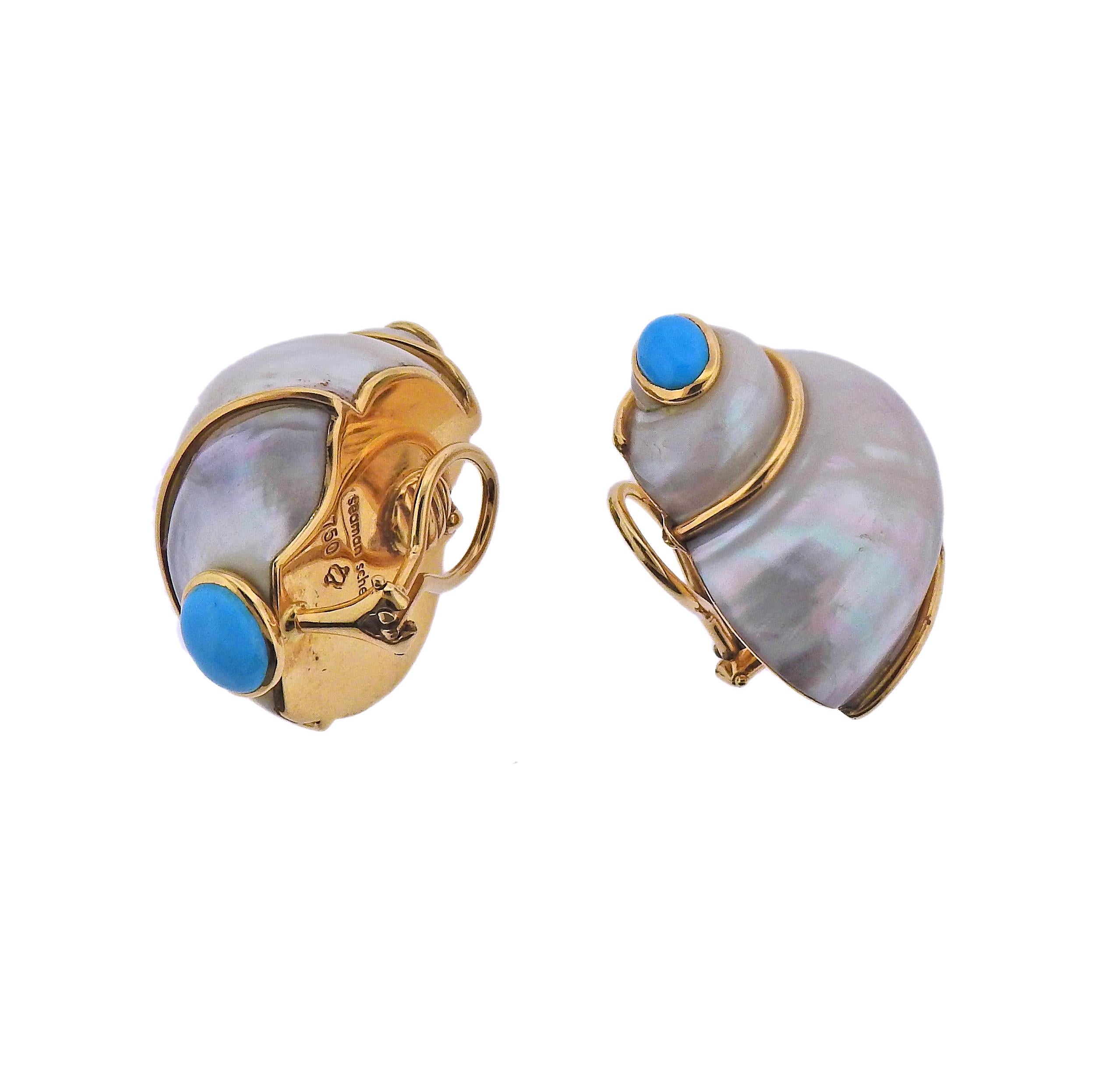 Pair of iconic Turbo Shell earrings by Seaman Schepps, with turquoise. Earrings measure 30mm x 23mm. Marked with Shell signature mark,. 750, Seaman Schepps. Weight - 26.2 grams. 