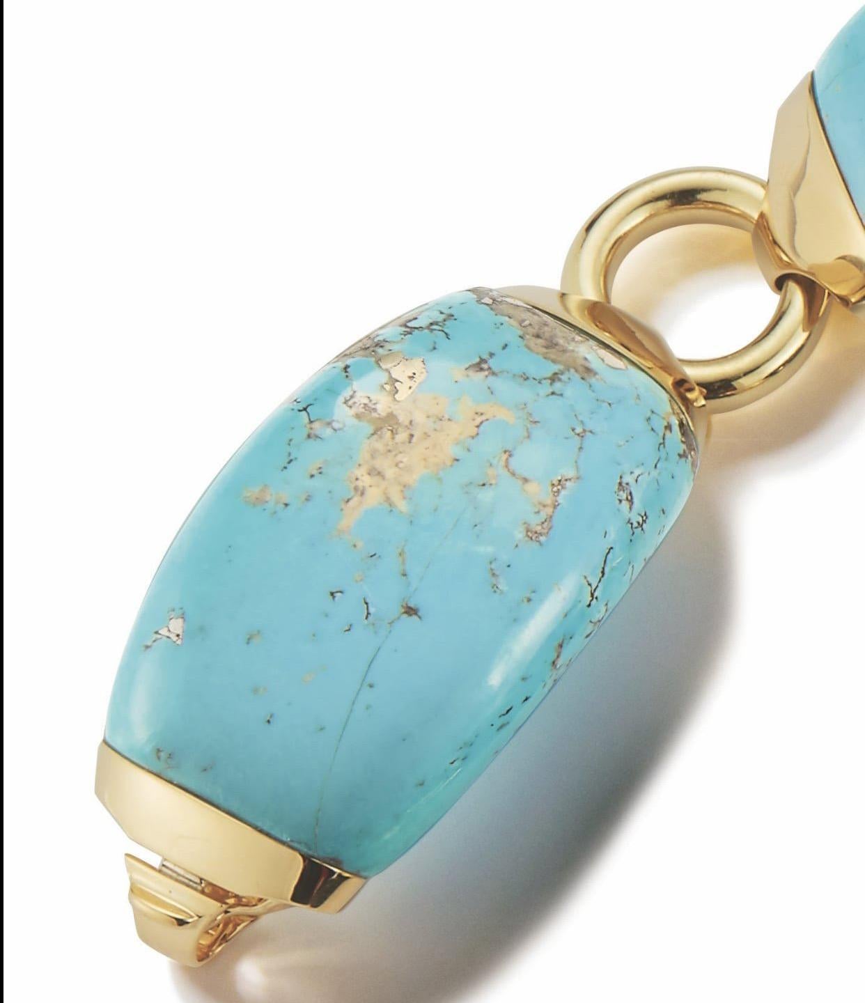 Brand new 18k gold boat link bracelet featuring turquoise. Crafted by Seaman Schepps. Bracelet measures approximately 6 3/4 inches long, links measure 25mm wide. Weight is 92.6 grams. Marked Seaman Schepps 750 246196.