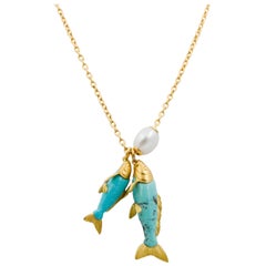 Seaman Schepps Turquoise Koi Fish Charms and 18 Karat Yellow Gold Chain