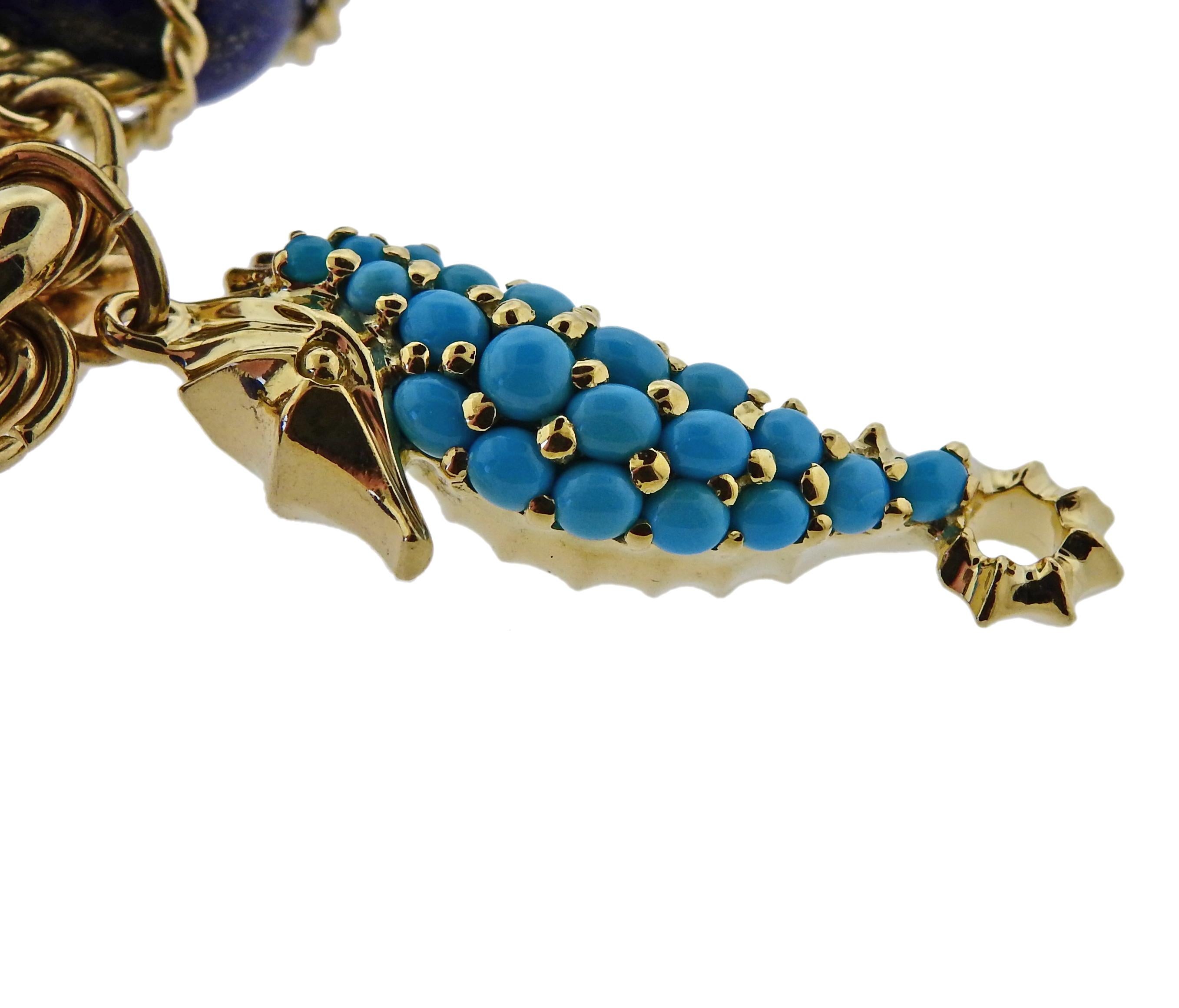 Uncut Seaman Schepps Turquoise Seahorse Caged Lapis Pendant Gold Link Necklace For Sale