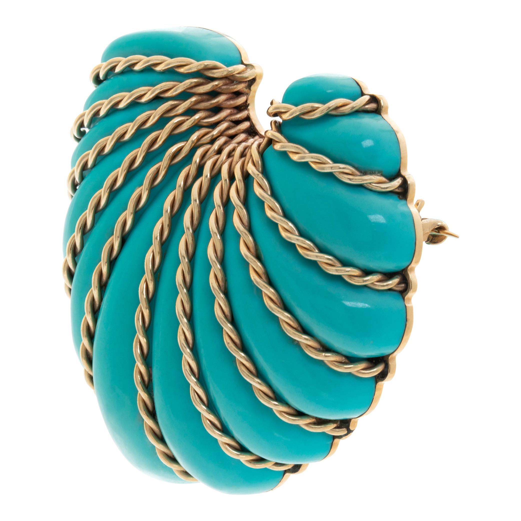Seaman Schepps iconic turquoise shell design brooch with signature 14k twisted gold threads accenting the curves of the carved composite turquoise. 1.75 inches by 2 inches.