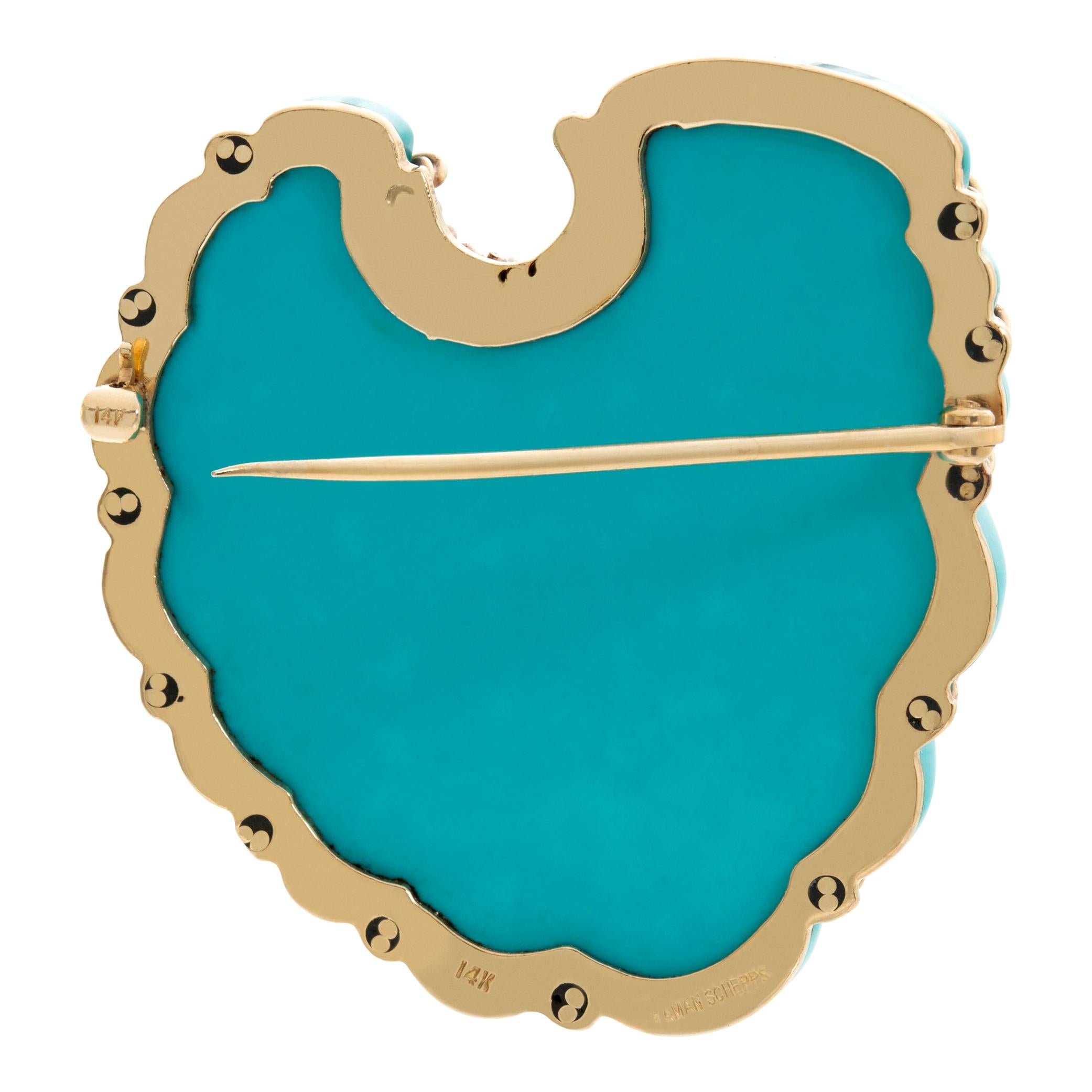 Women's Seaman Schepps Turquoise Shell 14k gold Brooch For Sale