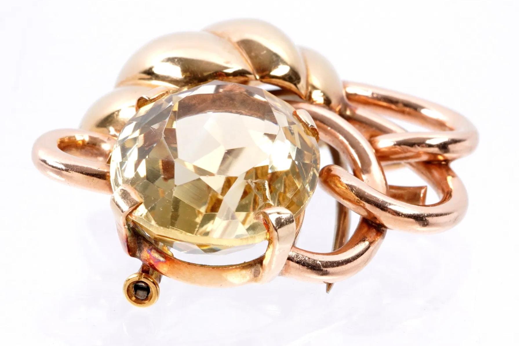 Seaman Schepps Vintage 14k Gold and Citrine Large Brooch Fur Clip In Good Condition For Sale In Bradenton, FL
