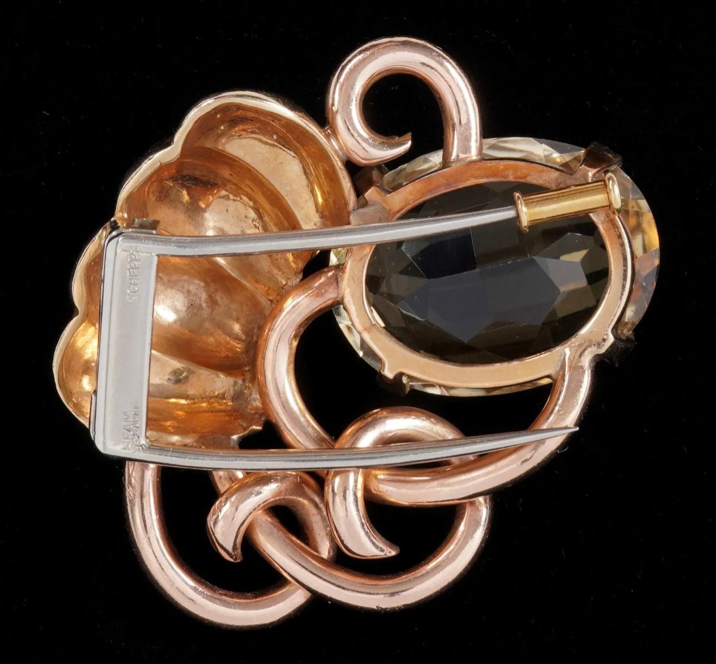 Women's or Men's Seaman Schepps Vintage 14k Gold and Citrine Large Brooch Fur Clip For Sale