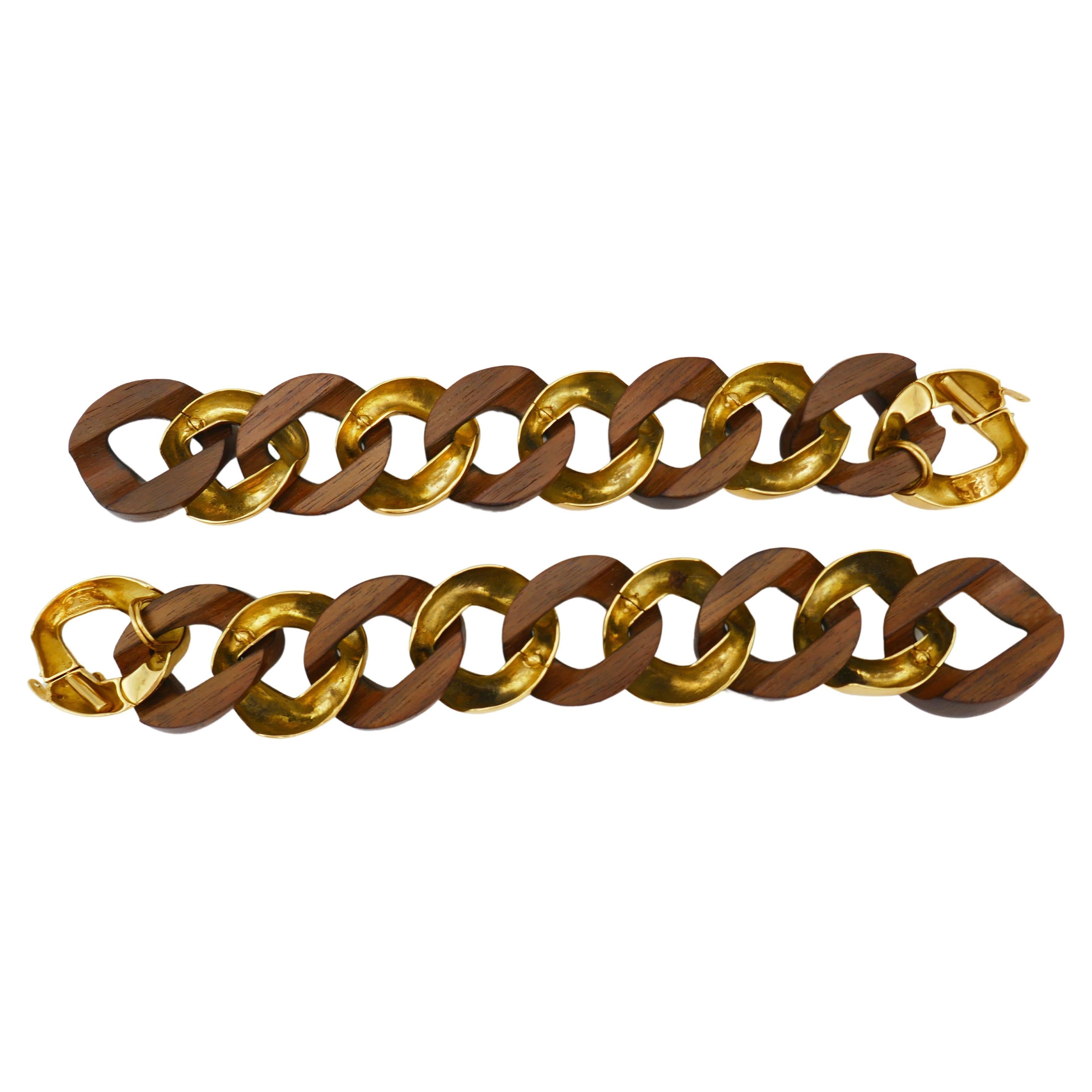 Seaman Schepps Vintage Gold Wood Curb Link Bracelet Duo/ Necklace In Excellent Condition For Sale In Beverly Hills, CA