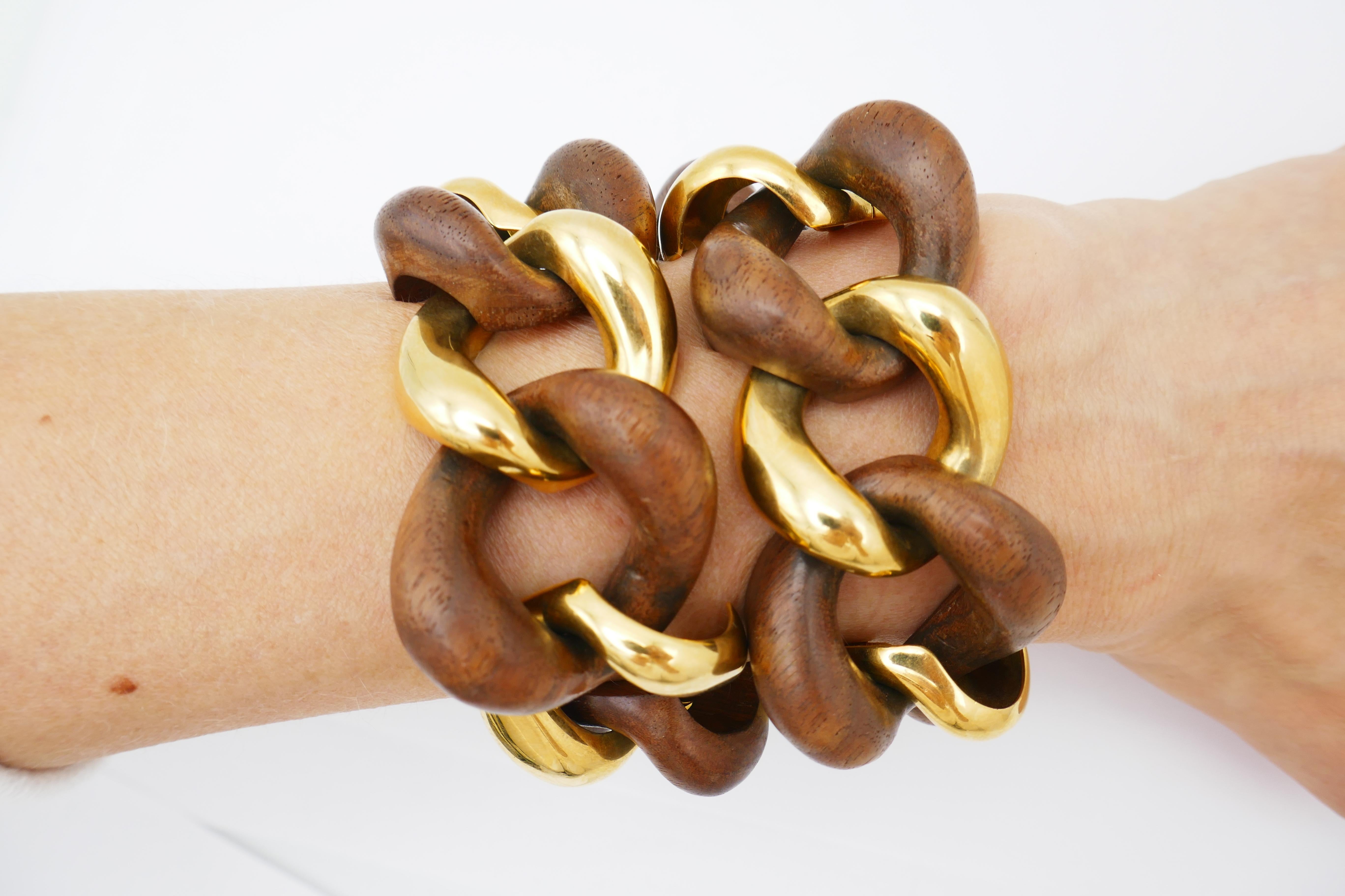 Women's or Men's Seaman Schepps Vintage Gold Wood Curb Link Bracelet Duo/ Necklace For Sale