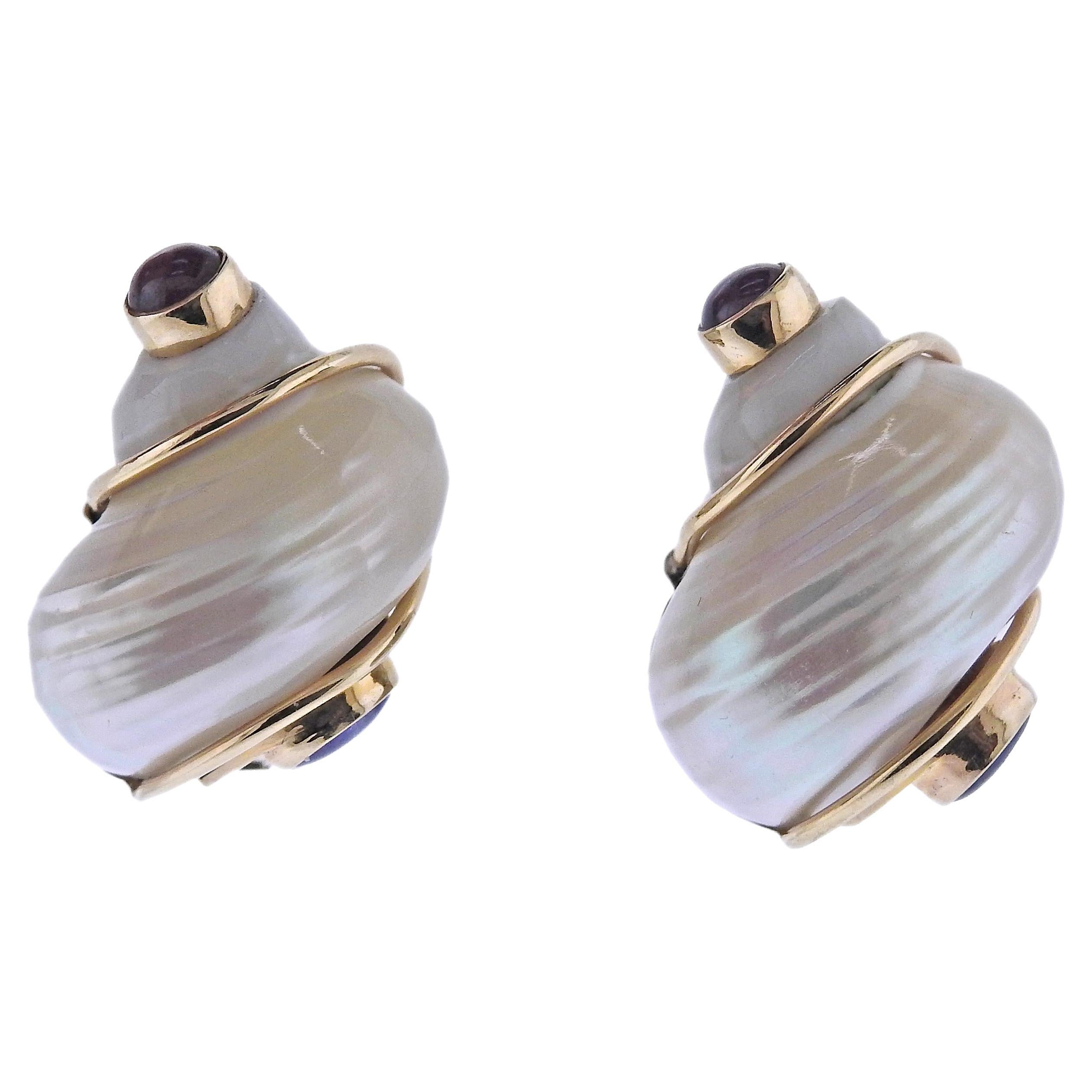 Seaman Schepps Vintage Sapphire Ruby Turbo Shell Gold Earrings For Sale