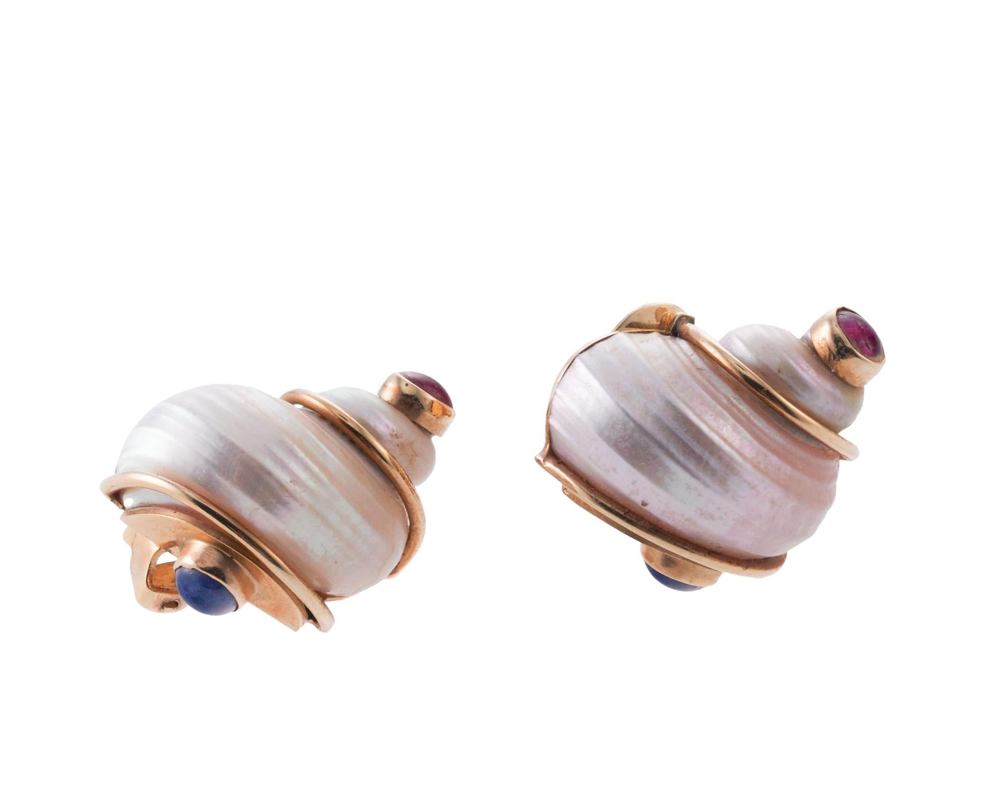 Cabochon Seaman Schepps Vintage Turbo Shell Ruby Sapphire Gold Earrings For Sale