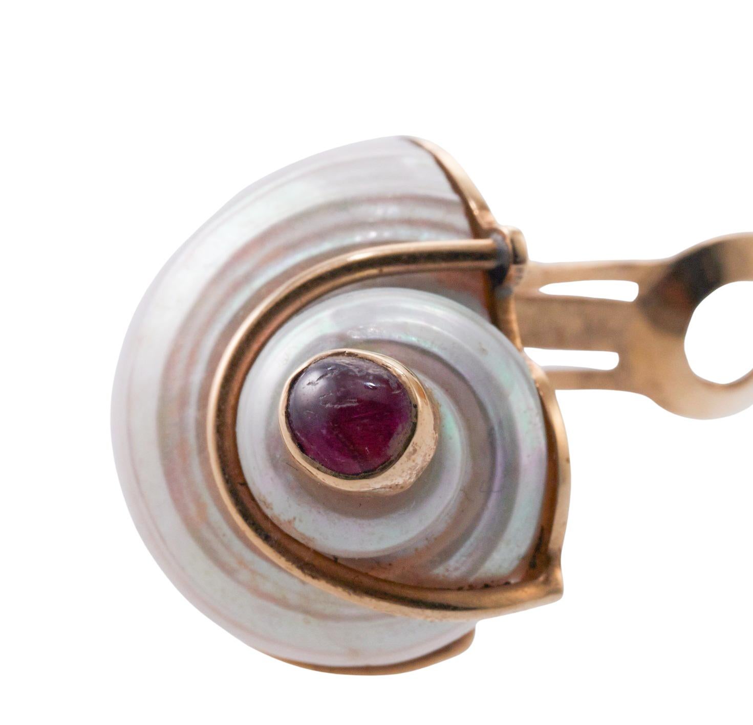 Seaman Schepps Vintage Turbo Shell Ruby Sapphire Gold Earrings For Sale 2