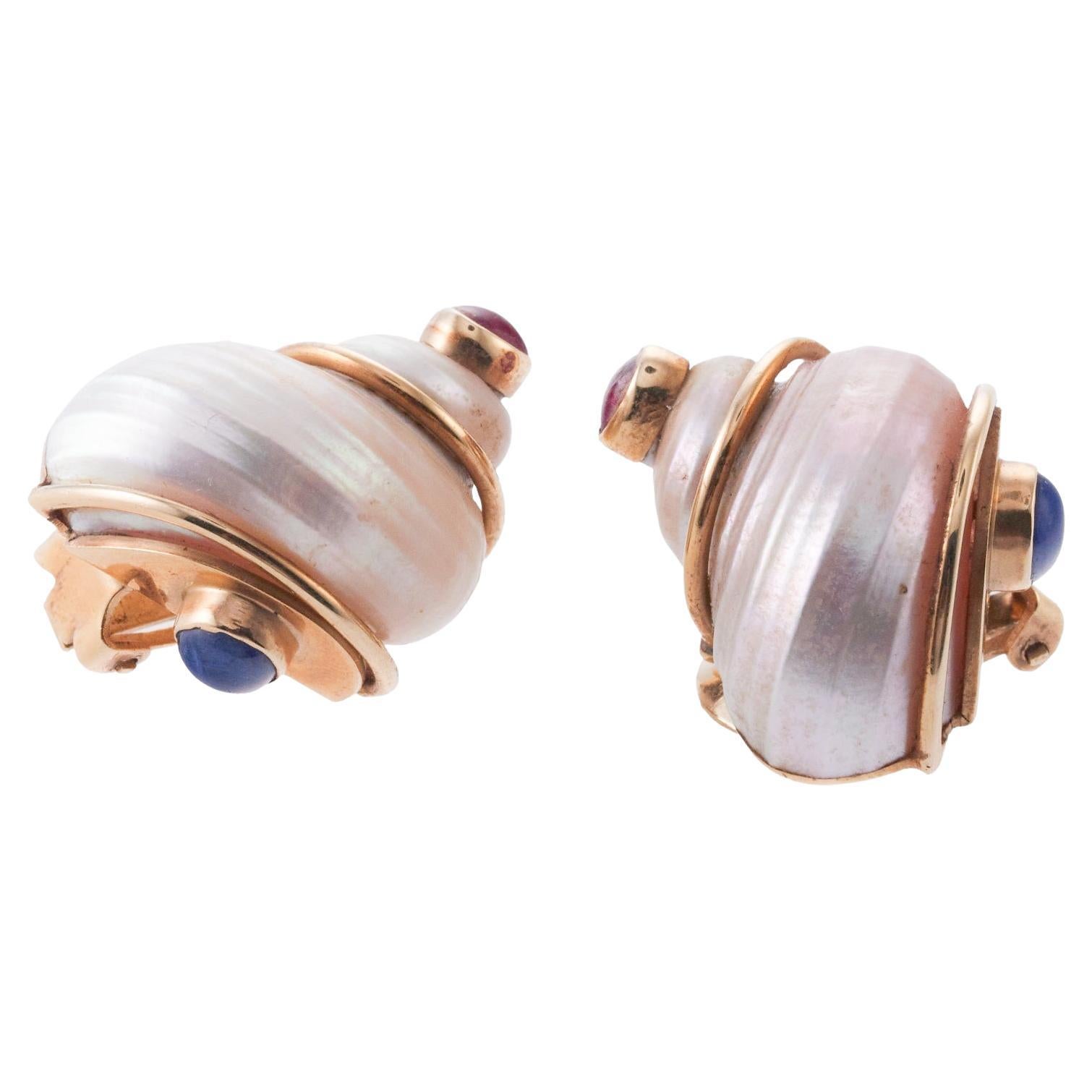 Seaman Schepps Vintage Turbo Shell Ruby Sapphire Gold Earrings For Sale