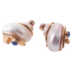 Seaman Schepps Used Turbo Shell Ruby Sapphire Gold Earrings