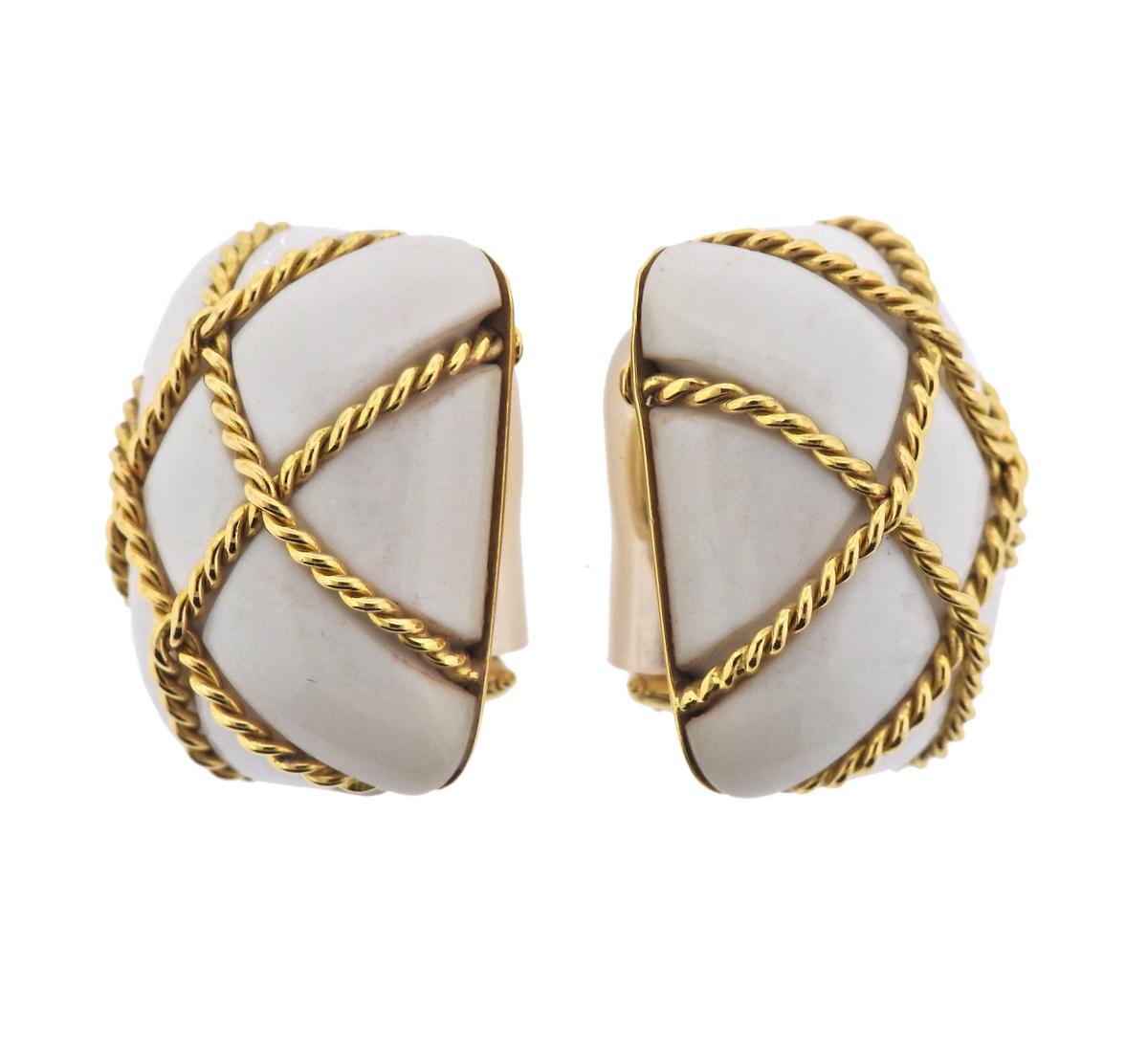 Pair of 18k gold Cage earrings by Seaman Schepps, set with white coral. Come with box. Earrings are 26mm x 20mm, weigh 27.5 grams. Marked: Seaman Schepps, 750, Shell mark, P10895. 