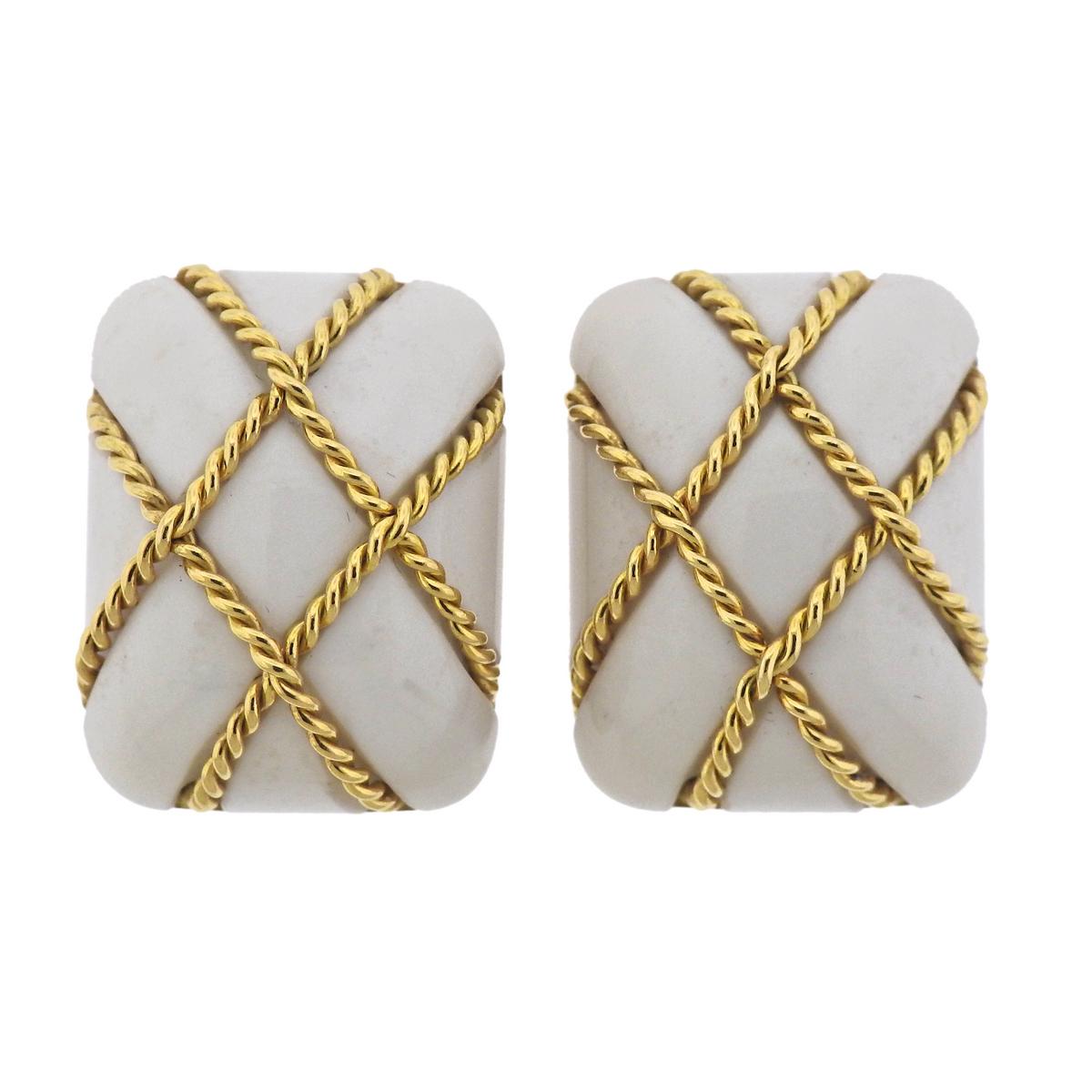 Seaman Schepps White Coral Gold Cage Earrings For Sale