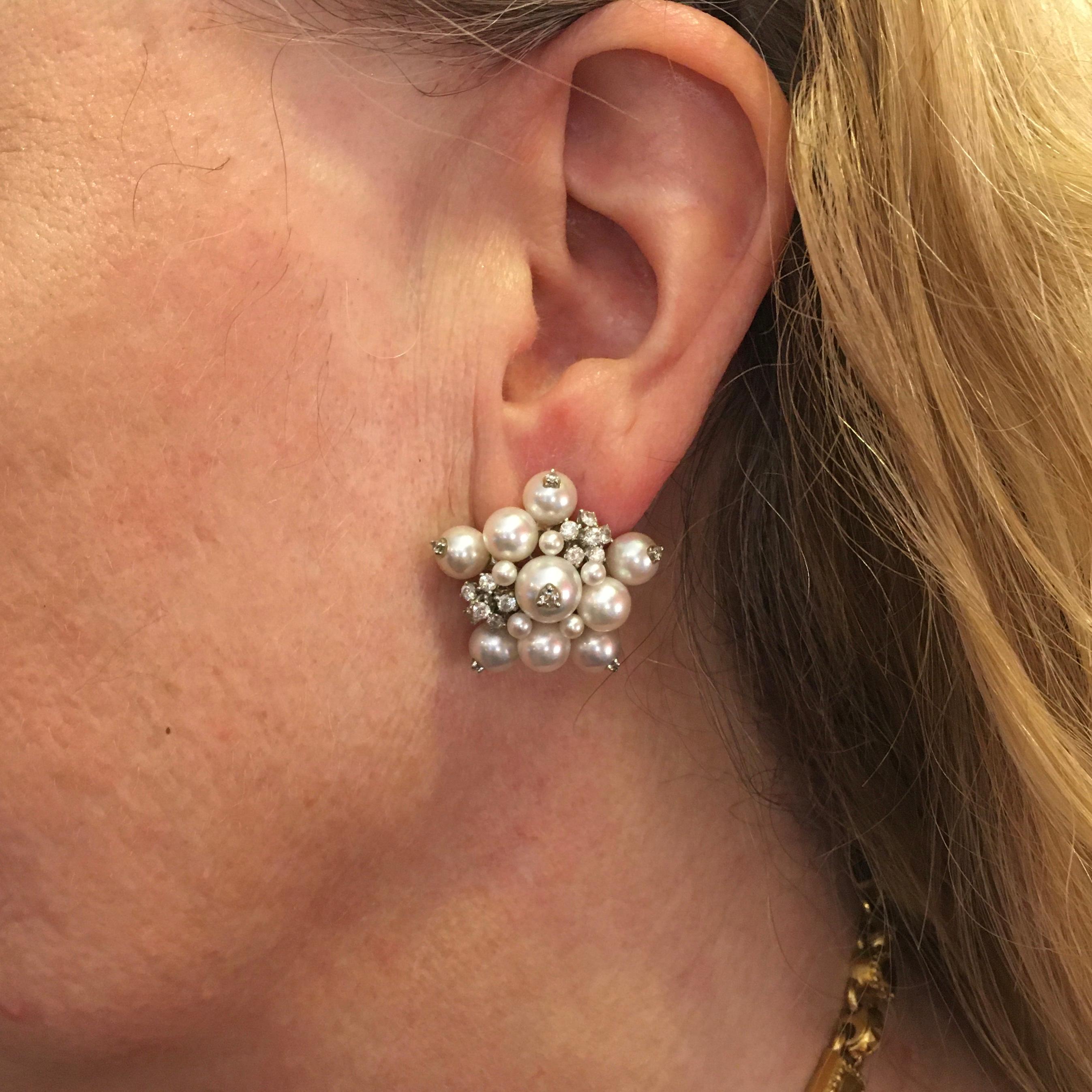Seaman Schepps White Gold, Pearl and Diamond Earrings In Excellent Condition In New York, NY