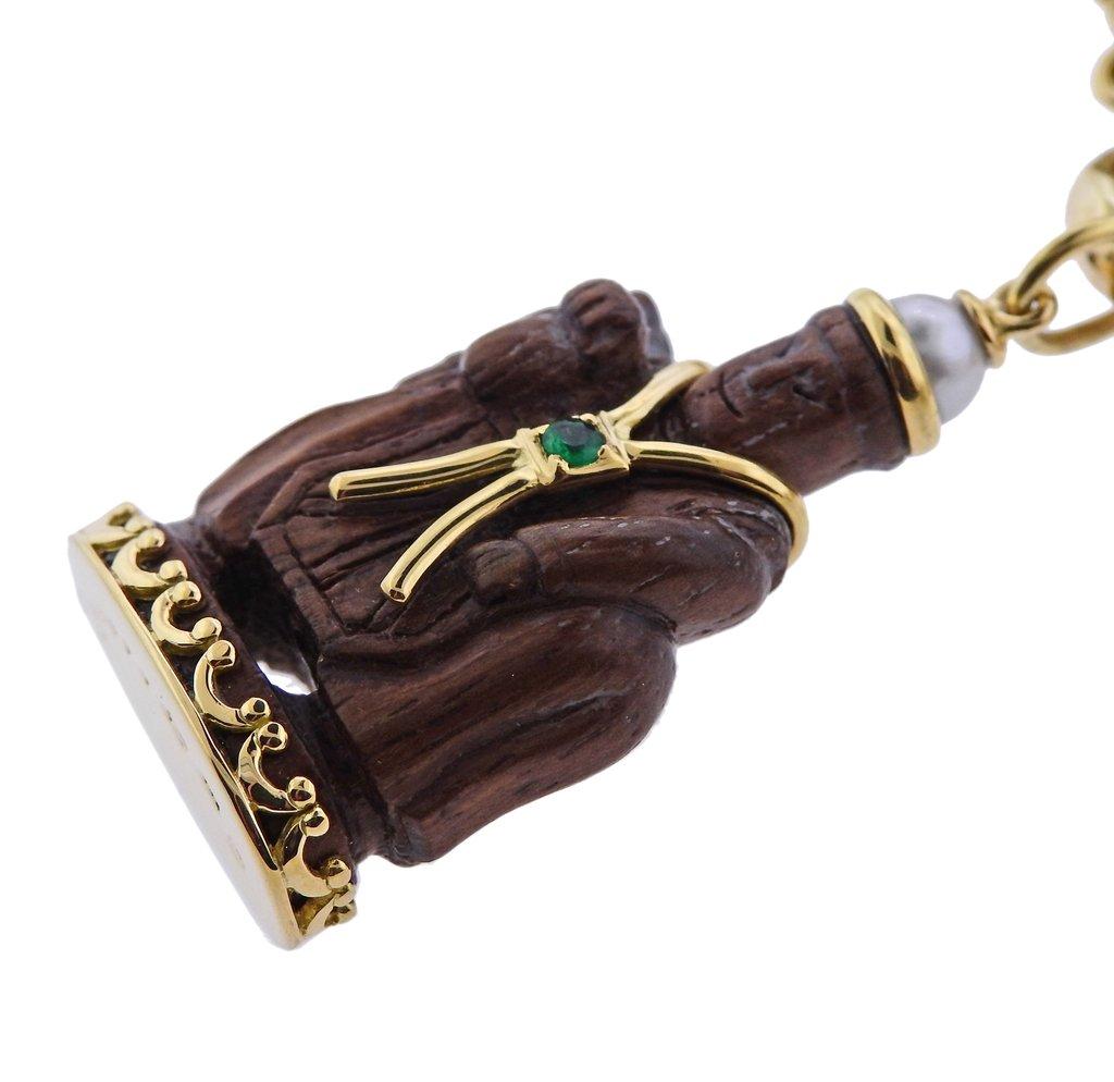 Seaman Schepps Wood Malachite Turtle Pearl Gold Link Necklace In Excellent Condition In Lambertville, NJ