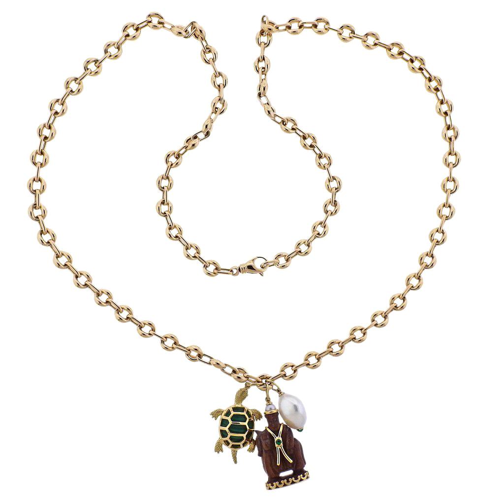Seaman Schepps Wood Malachite Turtle Pearl Gold Link Necklace