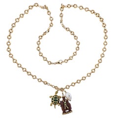 Seaman Schepps Wood Malachite Turtle Pearl Gold Link Necklace