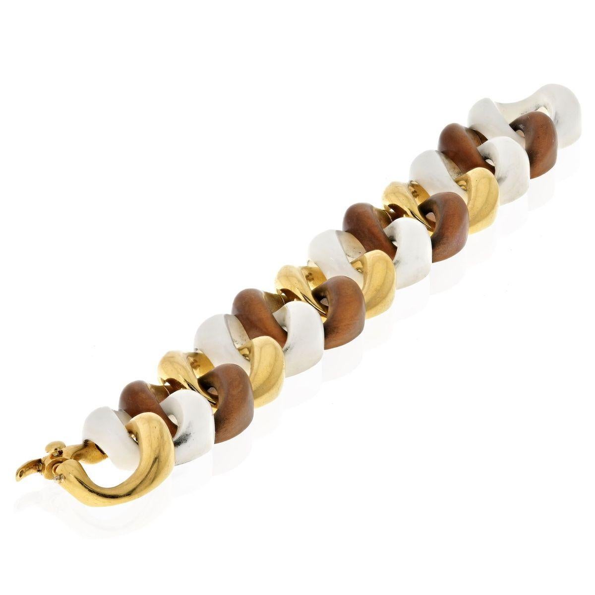 Modern Seaman Schepps Wood, White Ceramic and Gold Link Bracelet For Sale