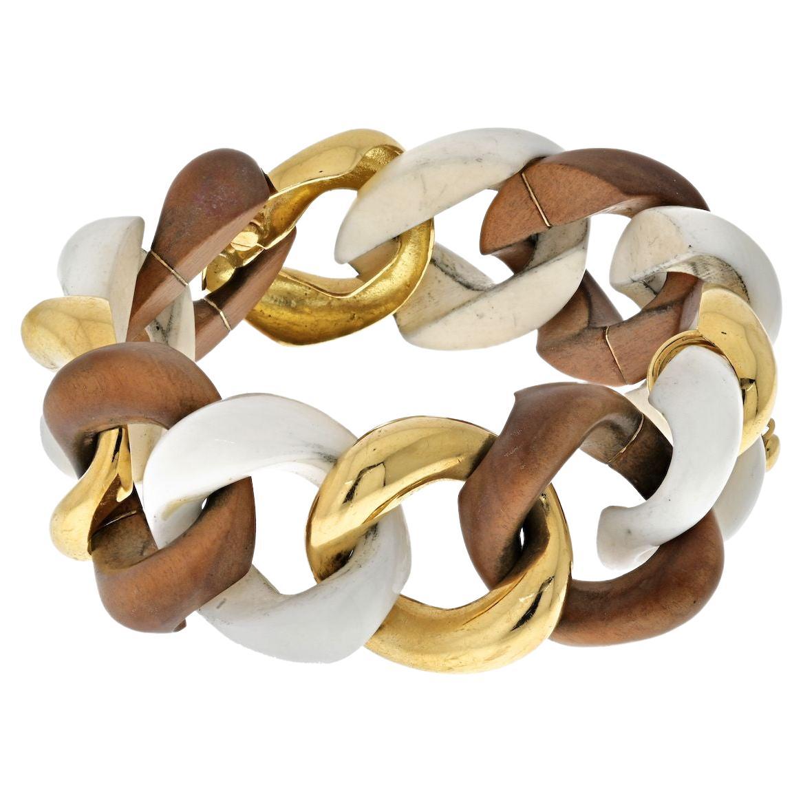 Seaman Schepps Wood, White Ceramic and Gold Link Bracelet