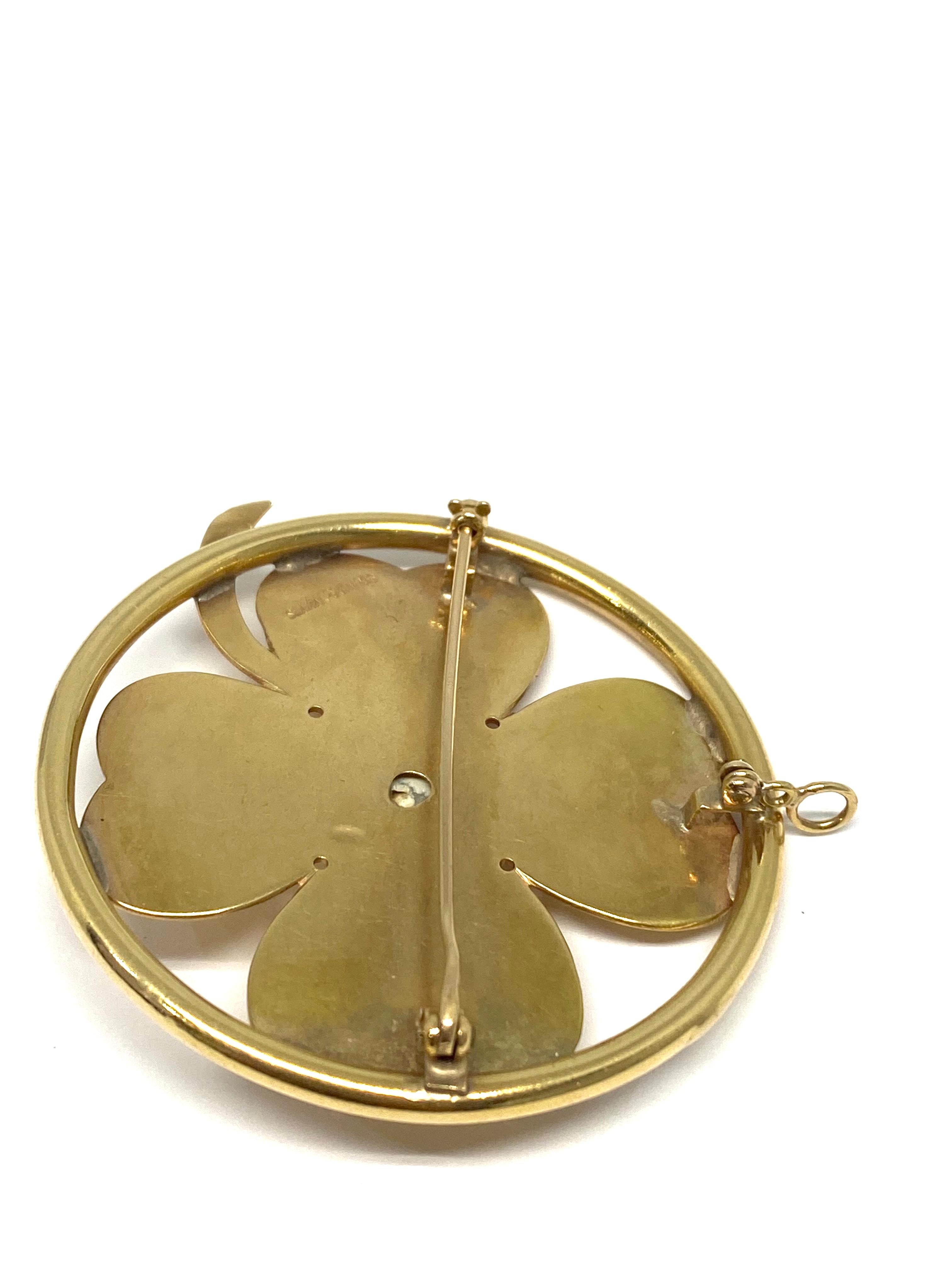 Round Cut Seaman Schepps Yellow Gold and Mobe Pearl Clover Pendant and Brooch 