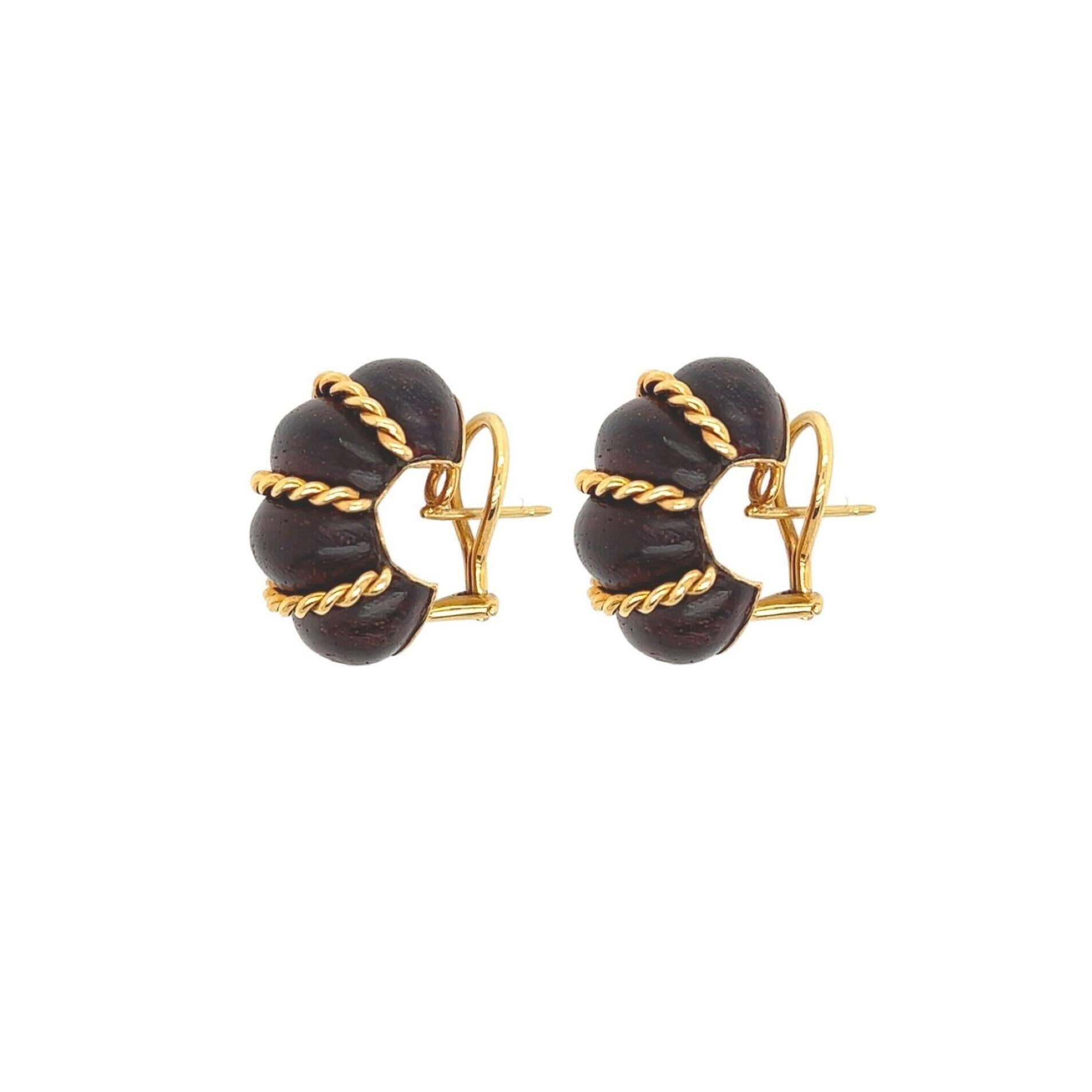 A pair of 18 karat yellow gold and wood Shrimp earrings. Seaman Schepps. Length is approximately 1 inch.  Gross weight approximately 14.80 grams.  Stamped Seaman Schepps, 750, with maker’s mark. numbered 3721.