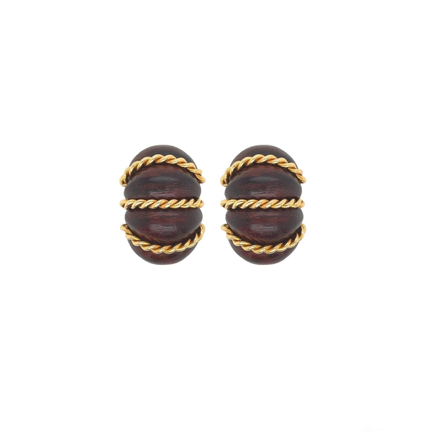 SEAMAN SCHEPPS Yellow Gold and Wood Shrimp Earrings In Excellent Condition In New York, NY