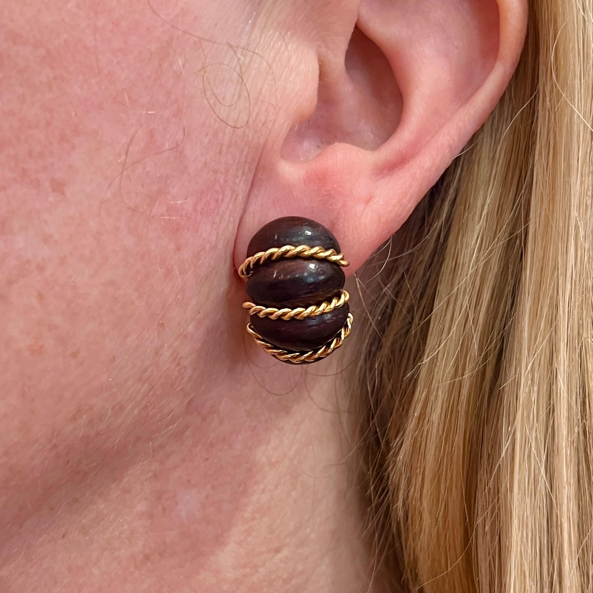 Women's or Men's SEAMAN SCHEPPS Yellow Gold and Wood Shrimp Earrings