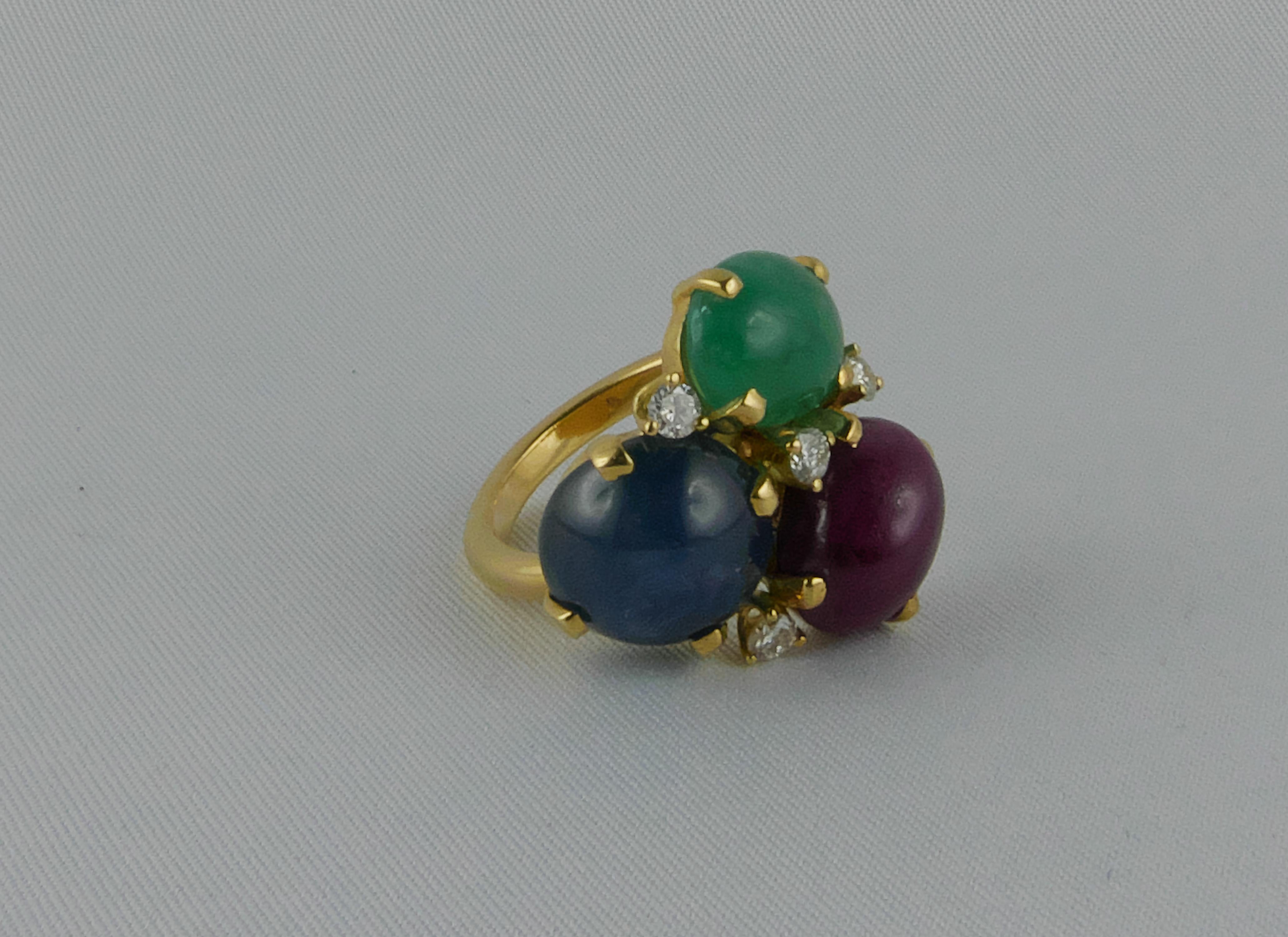 Seaman Schepps Yellow Gold, Ruby, Sapphire, Emerald and Diamond Ring For Sale 1