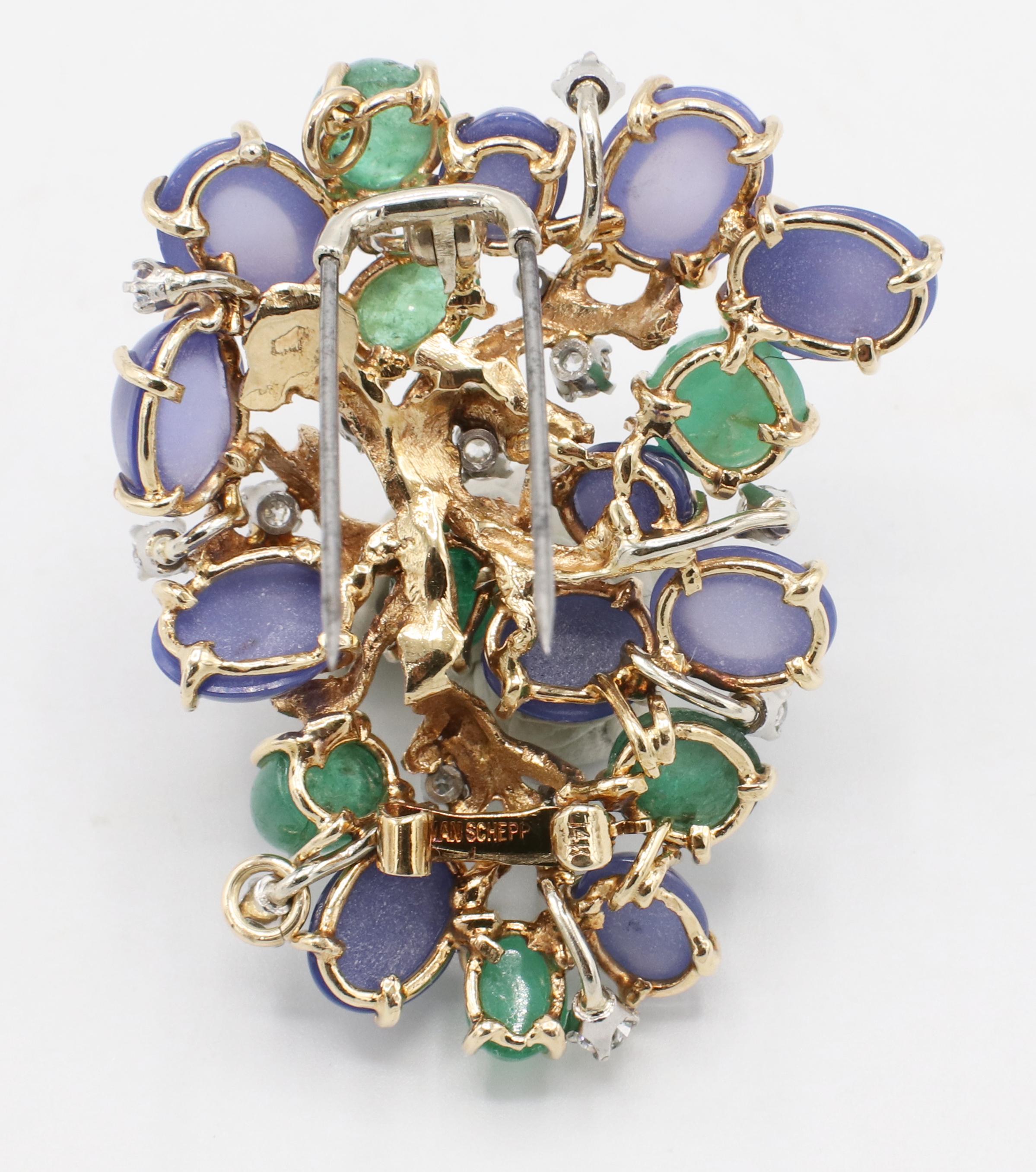 Retro Seaman Schepps Yellow Gold Sapphire Emerald & Diamond Cabochon Grapes Brooch Pin