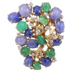 Seaman Schepps Yellow Gold Sapphire Emerald & Diamond Cabochon Grapes Brooch Pin