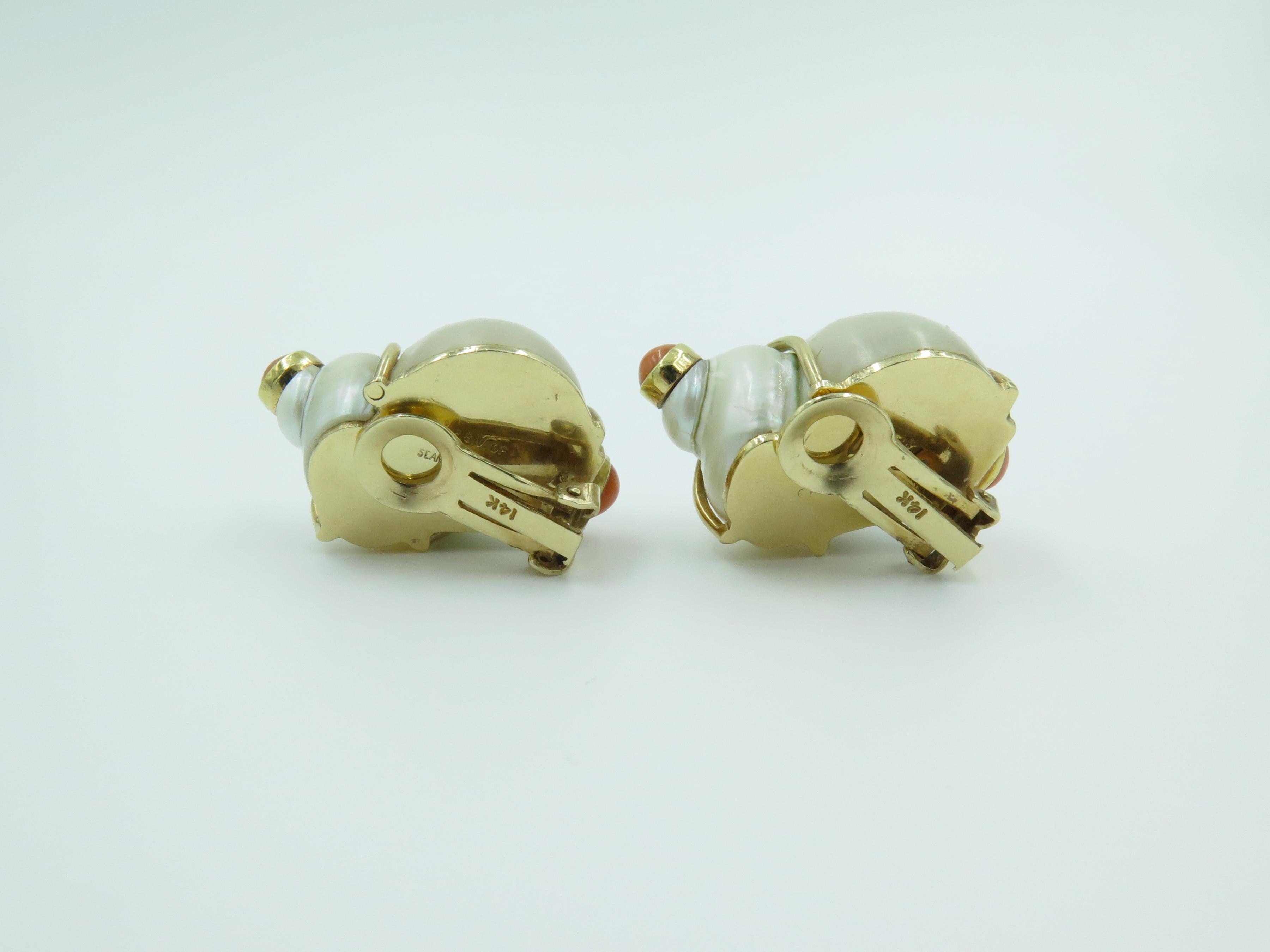 Contemporary Seaman Schepps Yellow Gold, Turbo Shell and Coral Earrings