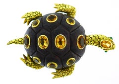 Seaman Schepps Yellow Gold Turtle Clip Brooch Pin with Citrine and Wood