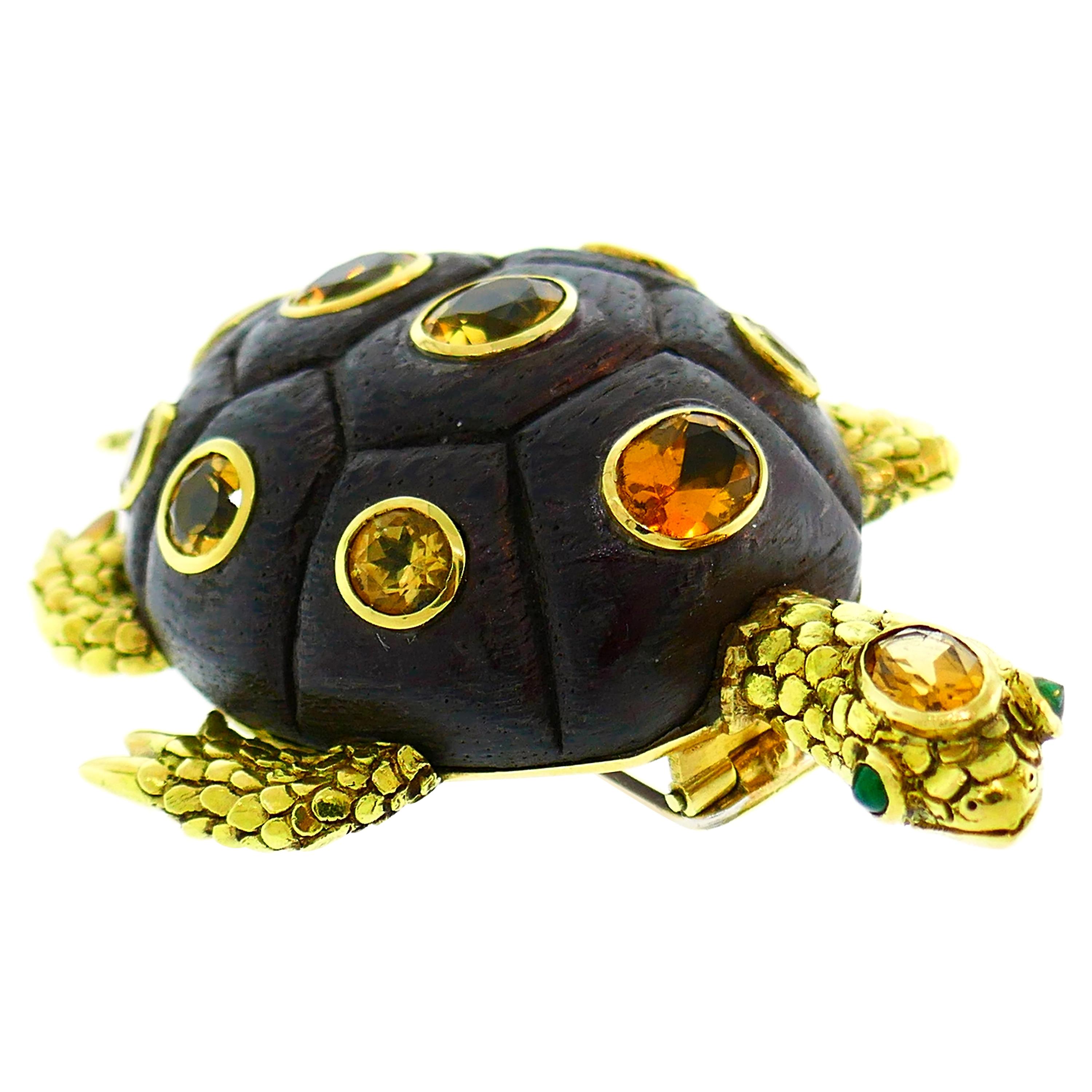 Seaman Schepps Yellow Gold Turtle Clip Brooch Pin with Citrine and Wood