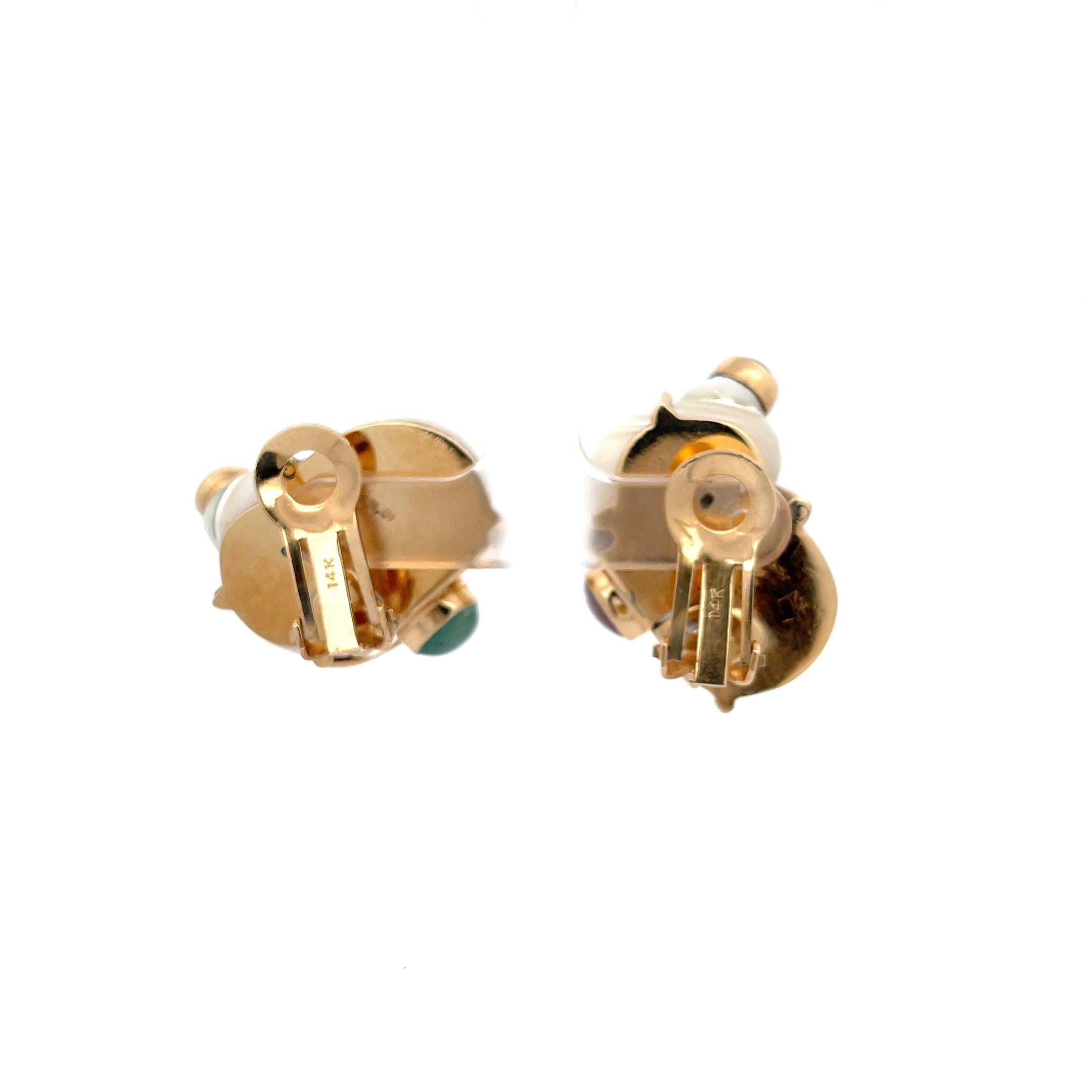 Women's Seaman Schweppes Shell Earring Cabochon Gemstones 14K Yellow Gold For Sale