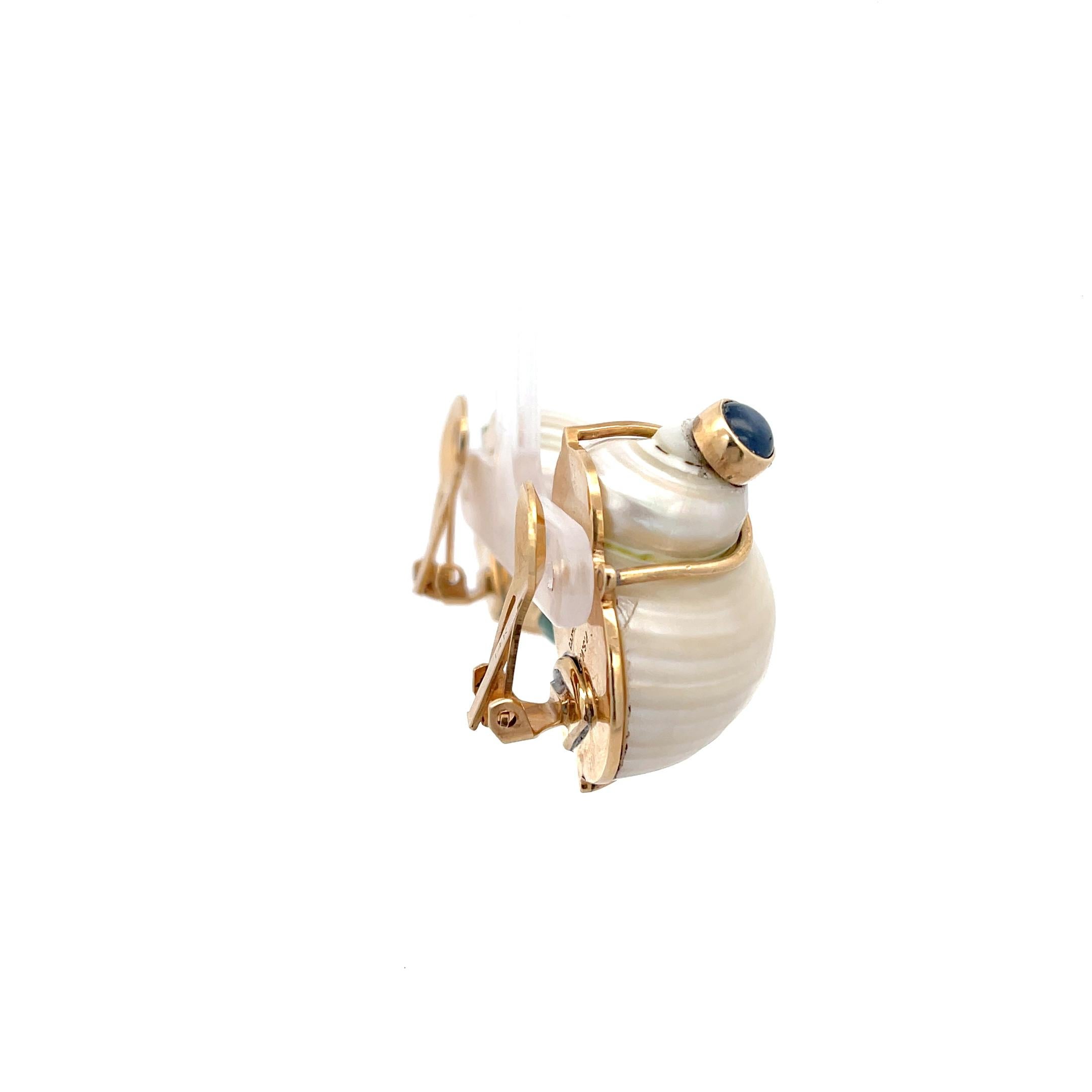 Seaman Schweppes Shell Earring Cabochon Gemstones 14K Yellow Gold For Sale 1