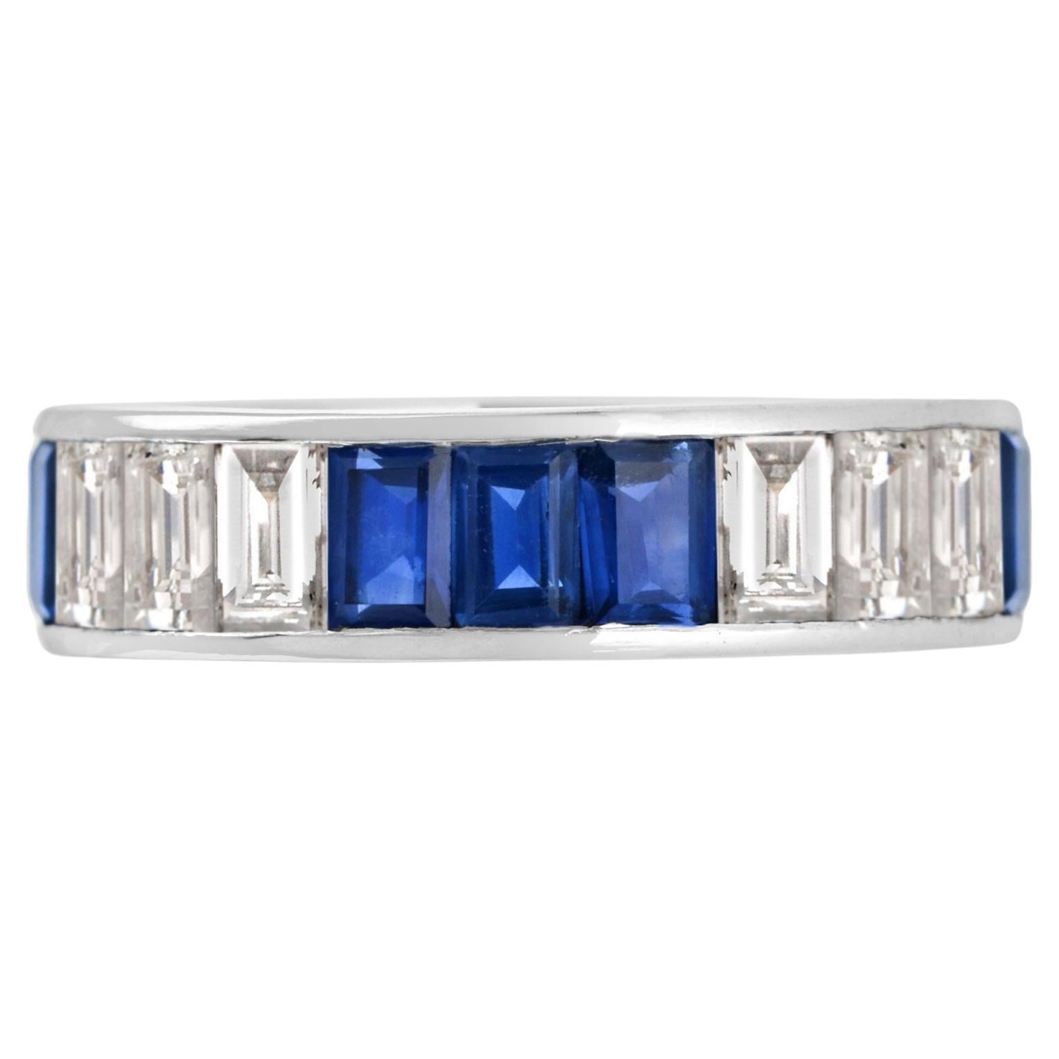 For Sale:  Seamless 3.3 Ct. Baguette Diamond and Blue Sapphire Band Ring in Platinum950 3