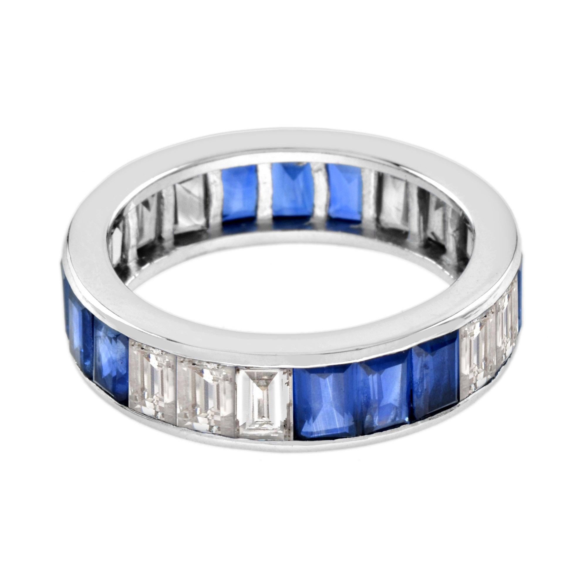 For Sale:  Seamless 3.3 Ct. Baguette Diamond and Blue Sapphire Band Ring in Platinum950 4